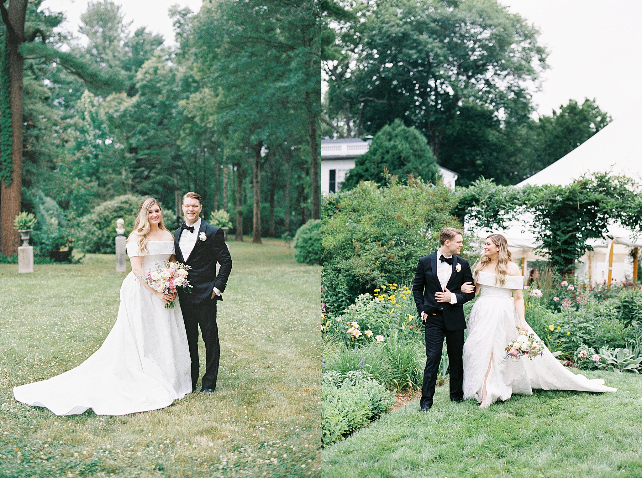 groom escorts bride walking through a garden at Glen Magna Farms