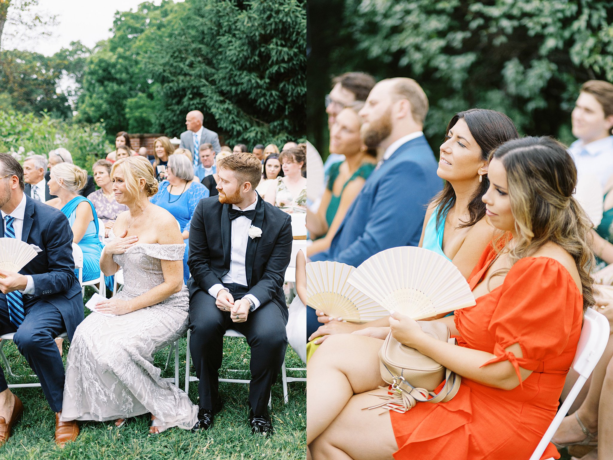 guests fan themselves during ceremony by Boston wedding photographer