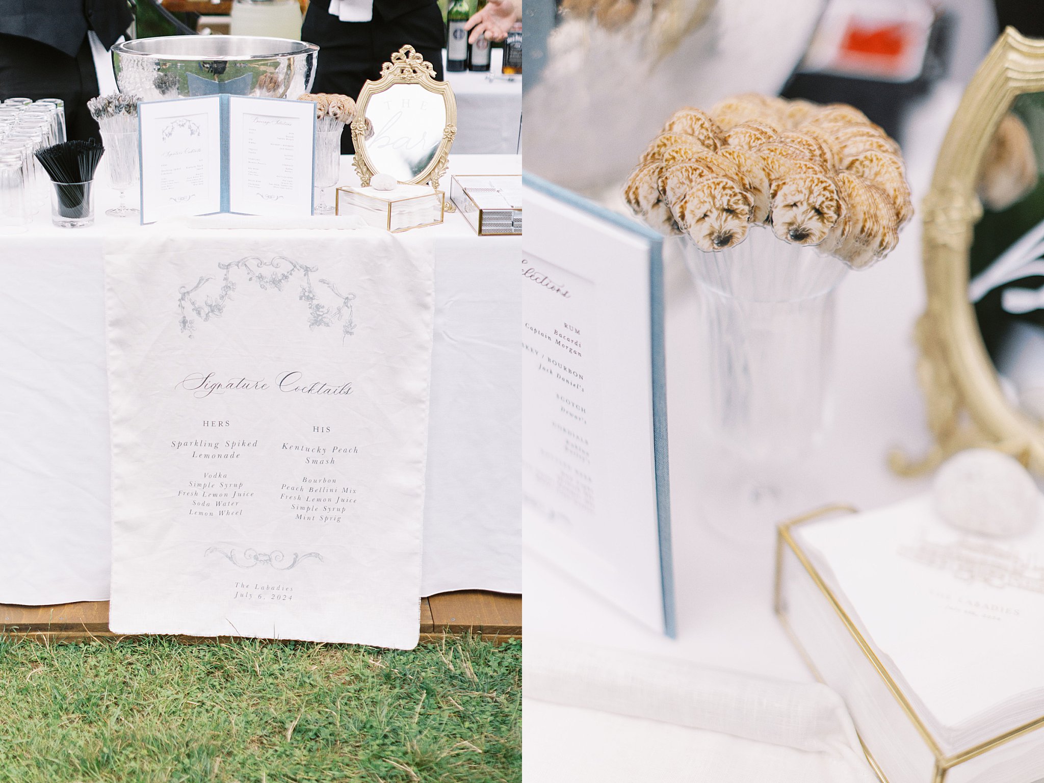 custom stir sticks sit in cup next to signature cocktails sign by Boston wedding photographer