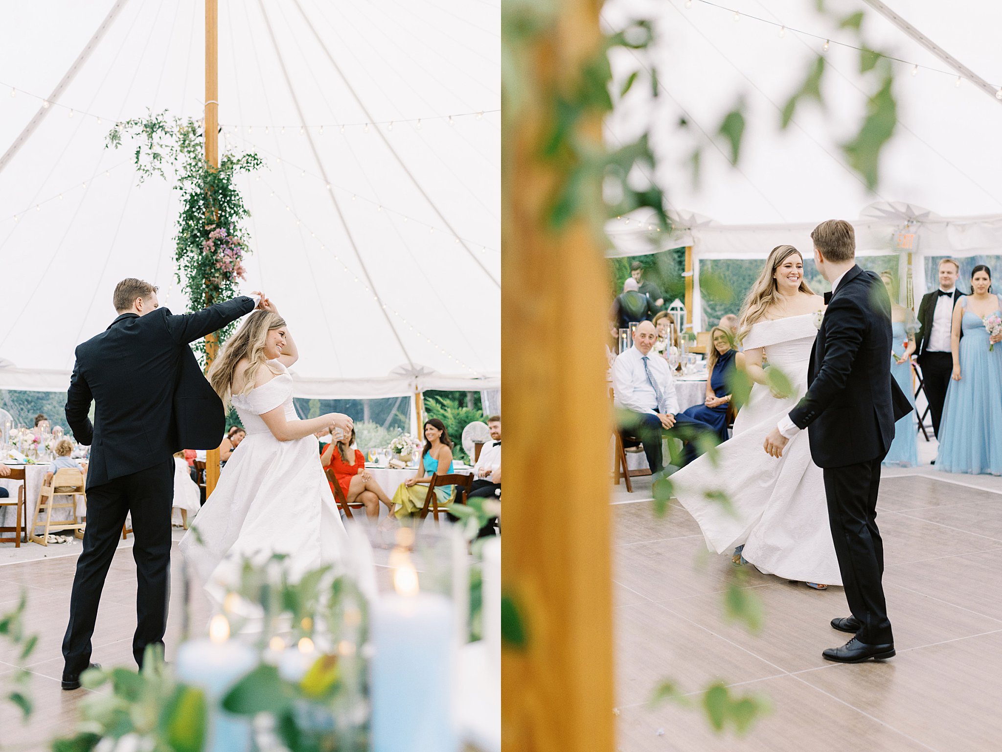 bride and groom share first dance as guest watch at Glen Magna Farms