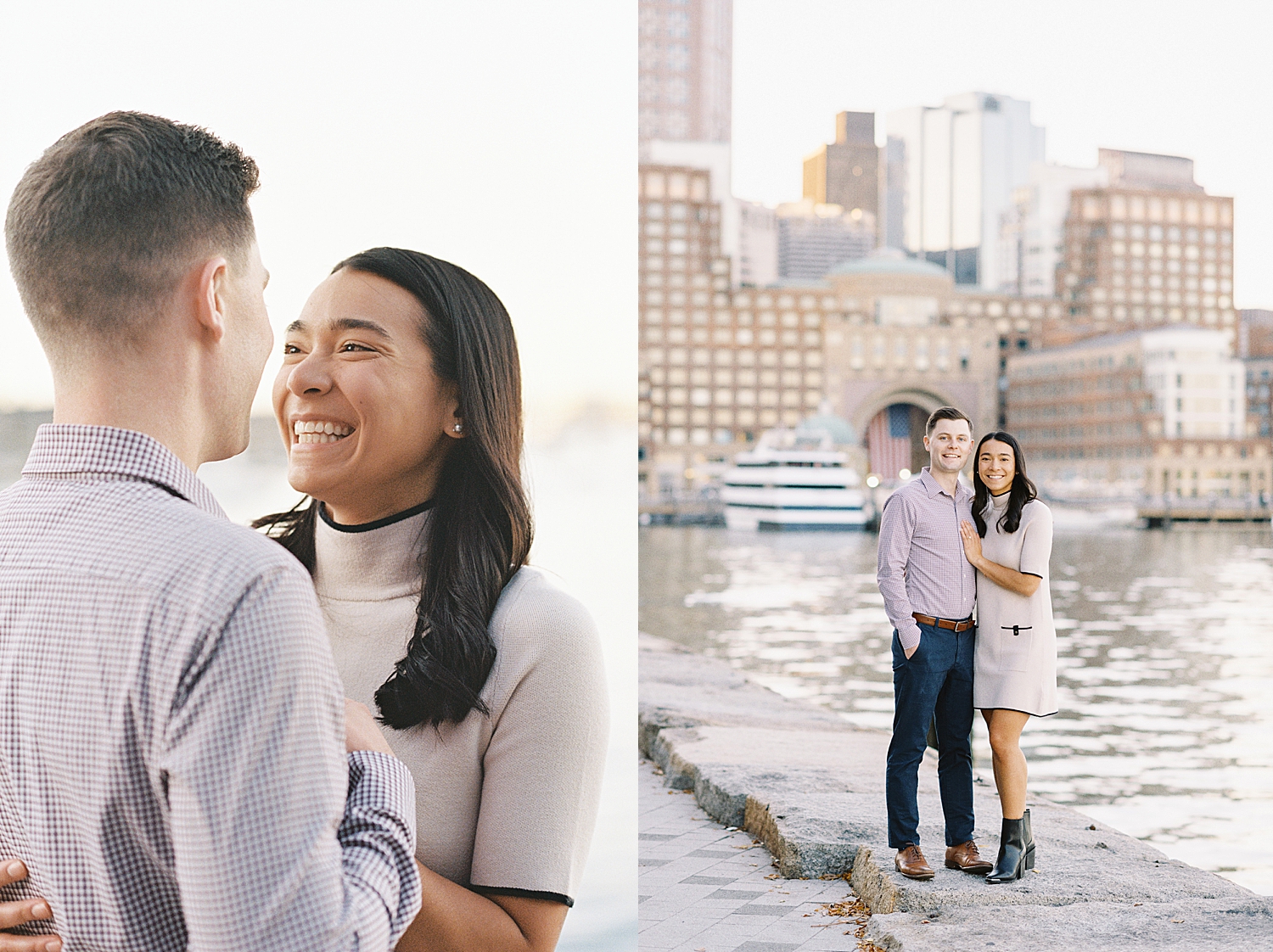 couple stand near the water for Fan Pier Park Engagement Session