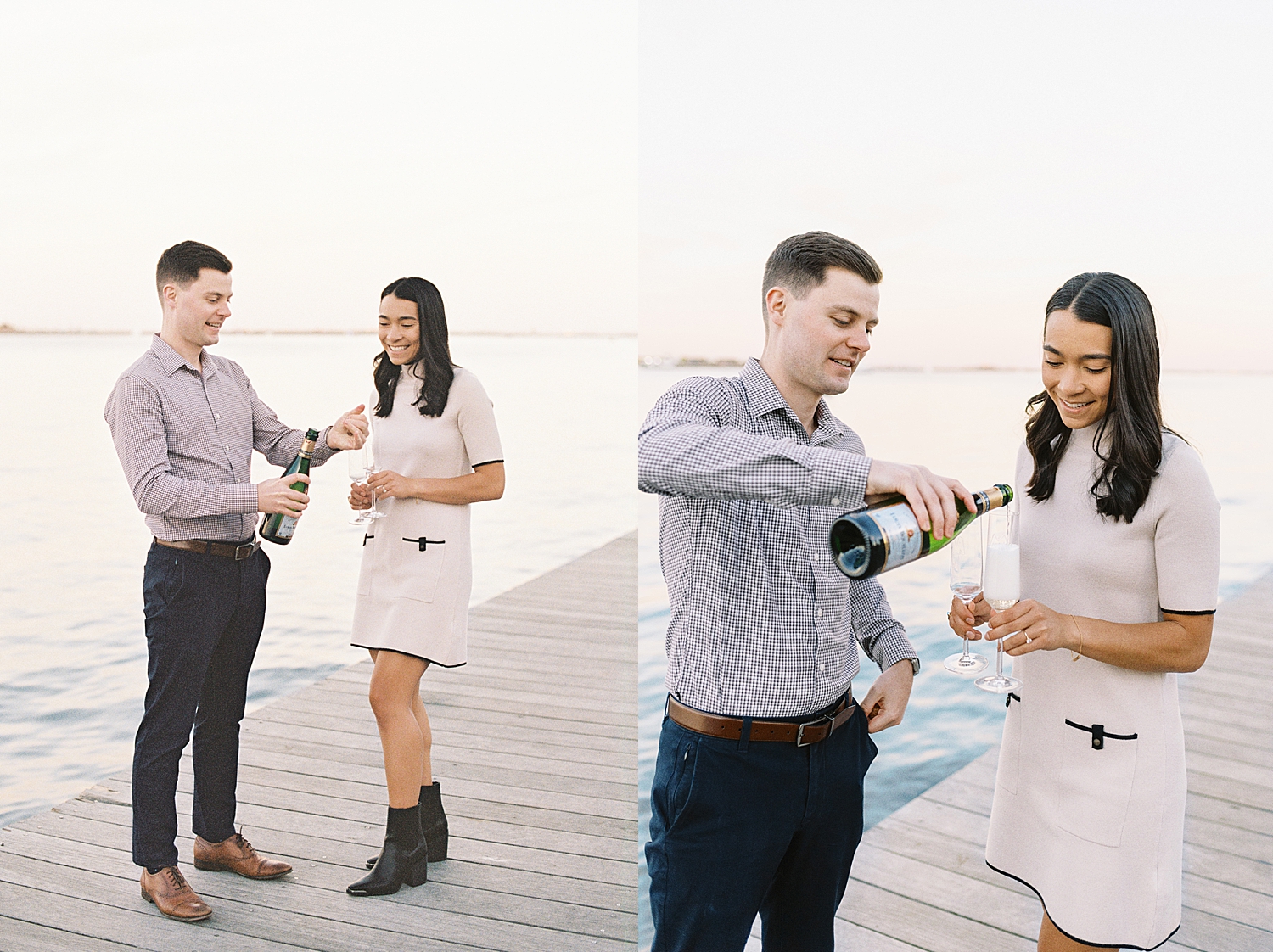 man pours champgane to celebrate his fiance by Lynne Reznick Photography