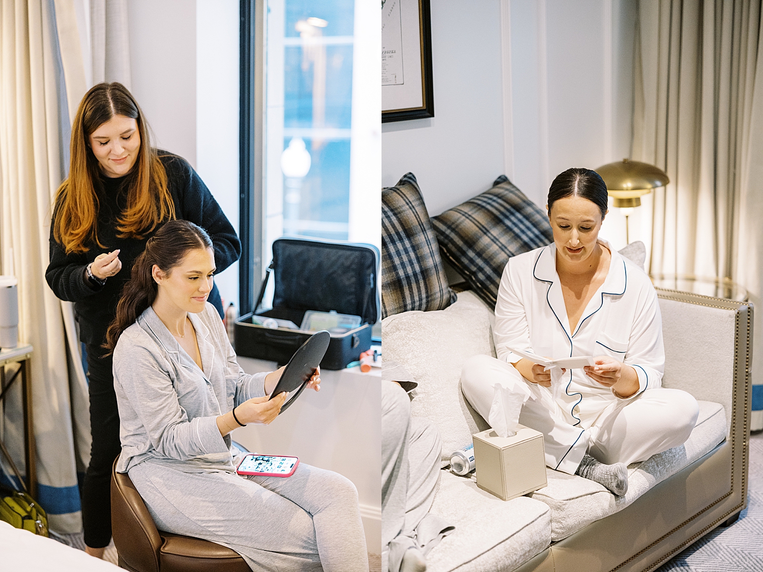 Bride and bridesmaid get ready together by Lynne Reznick Photography