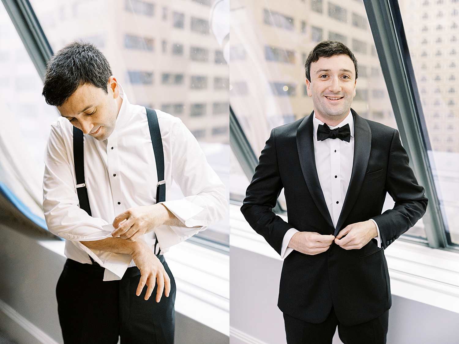 groom adjusts his shirt by window by Boston Wedding Photographer 