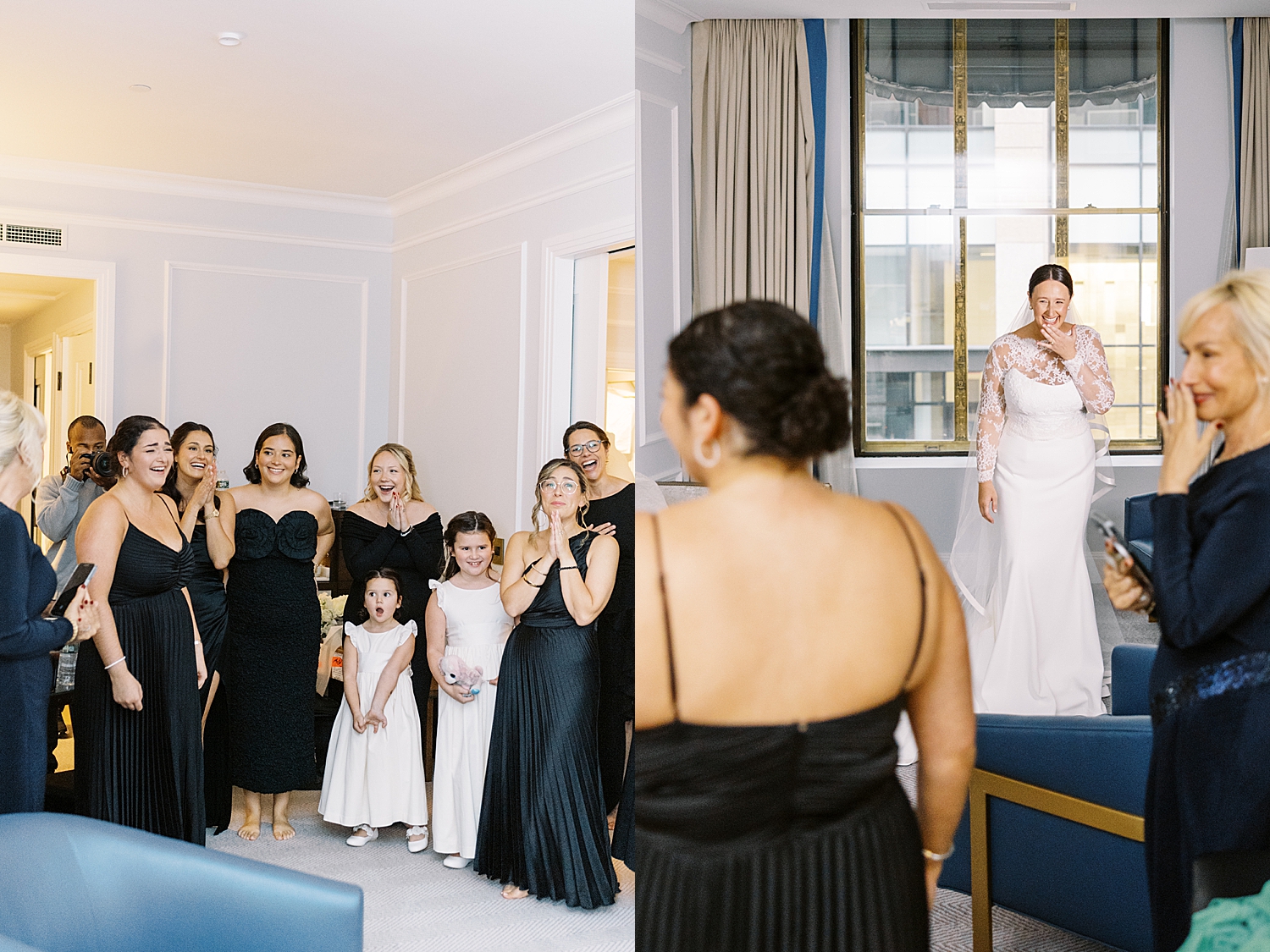 woman shares first look with her bridesmaids by Boston Wedding Photographer 