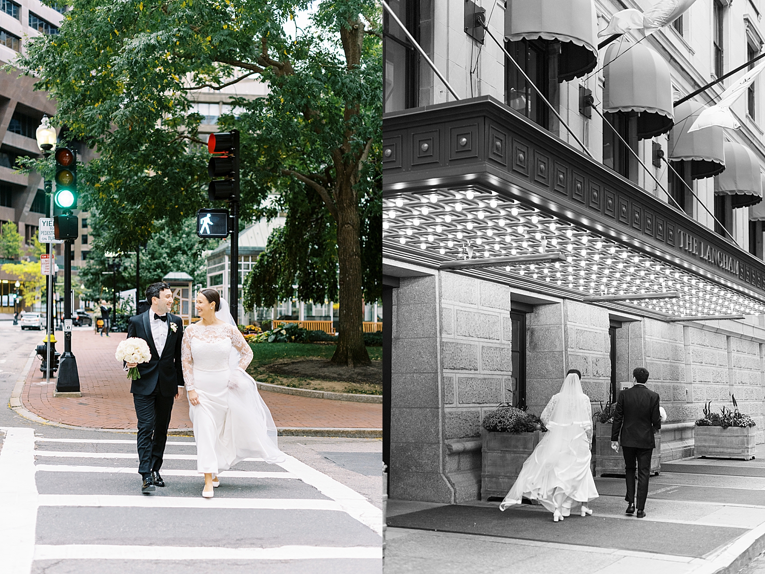 newlyweds cross a crosswalk in Massachusetts at Langham Hotel