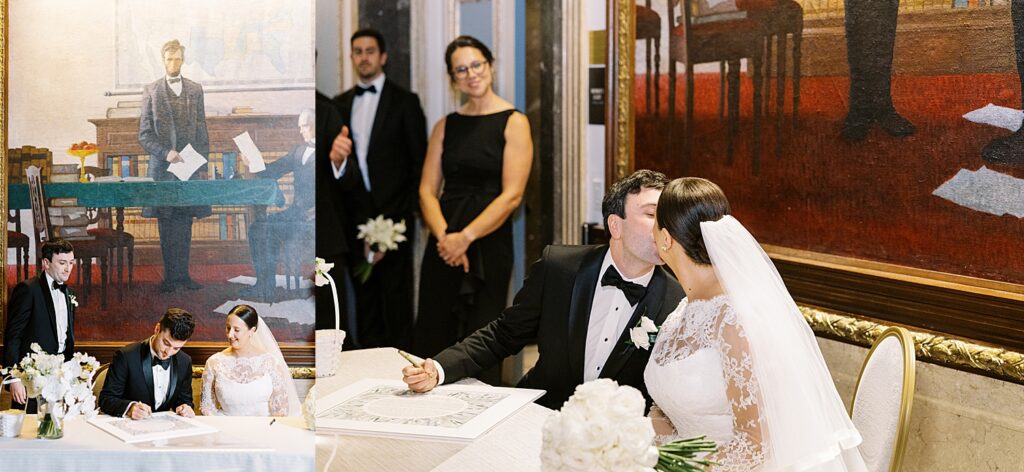 bride and groom sign the Ketubah before their wedding ceremony at The Langham Hotel in Boston