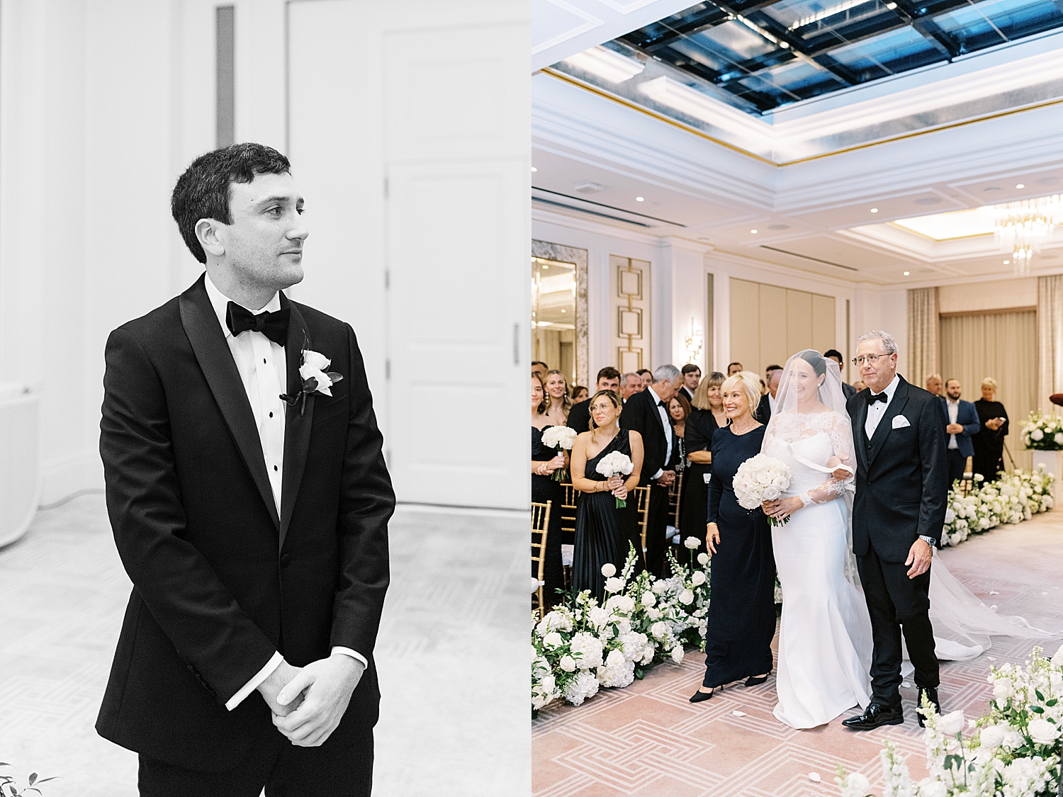 groom watches wife walk down the aisle at Langham Hotel