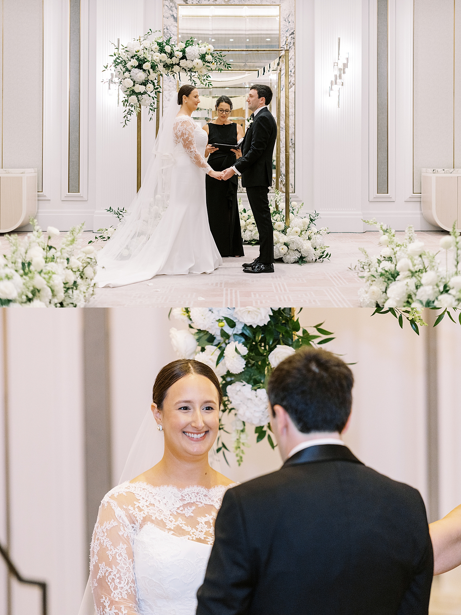 man and woman stand at the alter under white flowers by Boston Wedding Photographer 