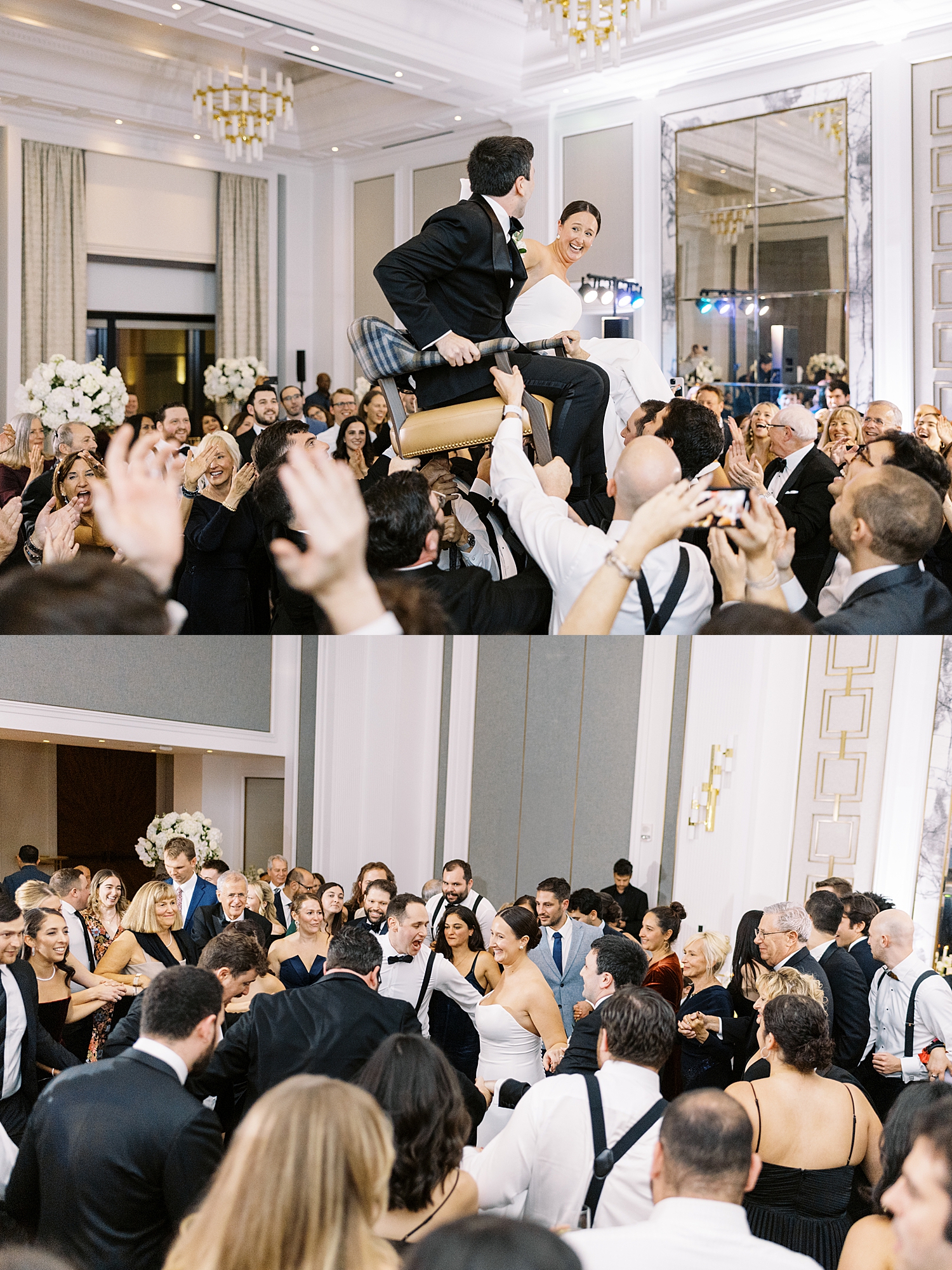 couple lifted above crowd on chairs at reception by Boston Wedding Photographer 