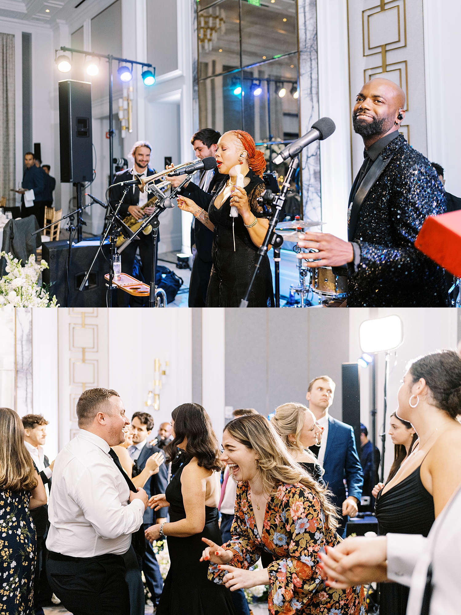 live band plays at ballroom reception by Lynne Reznick Photography