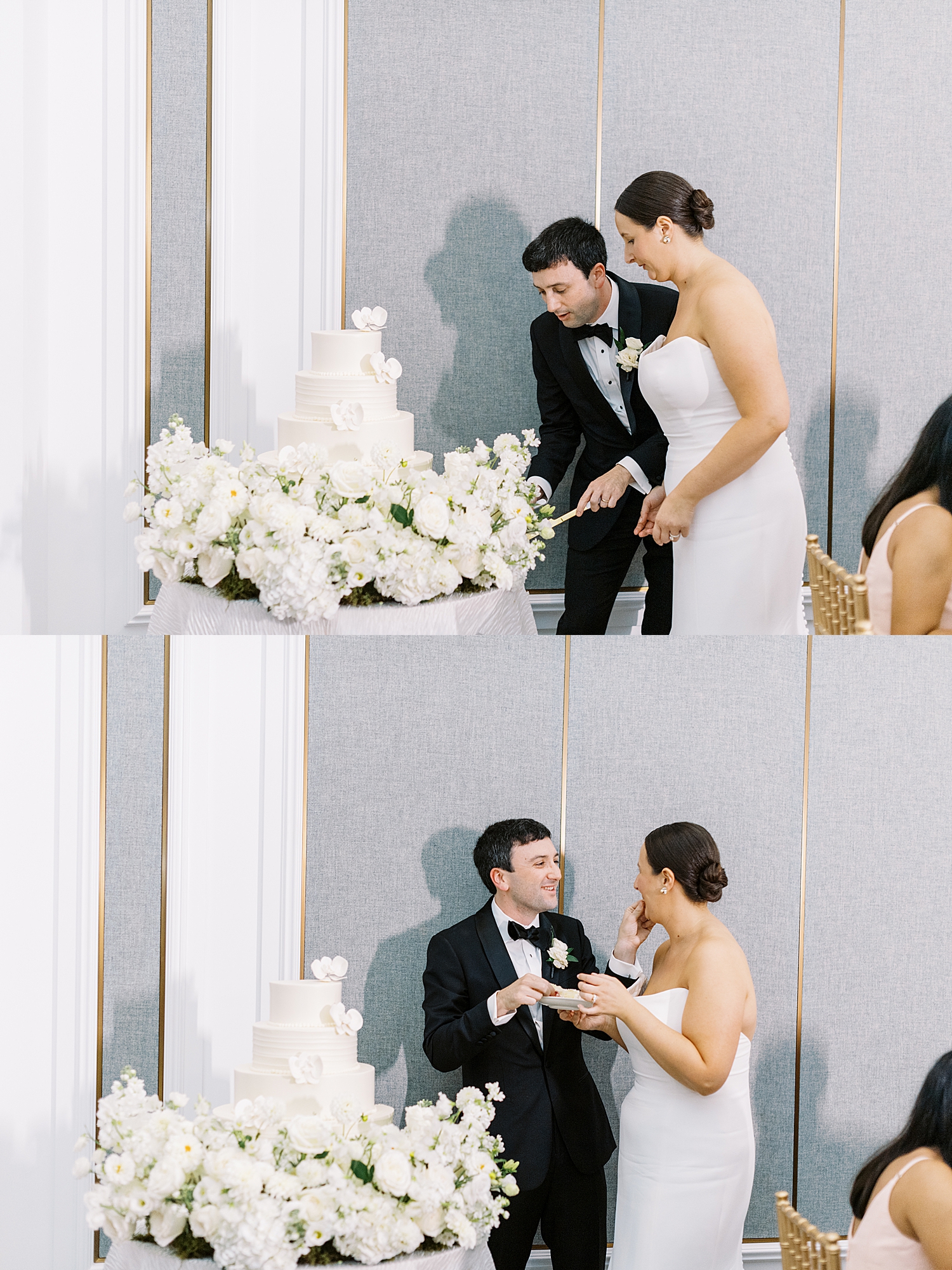 newlyweds cut cake at reception by Boston Wedding Photographer 