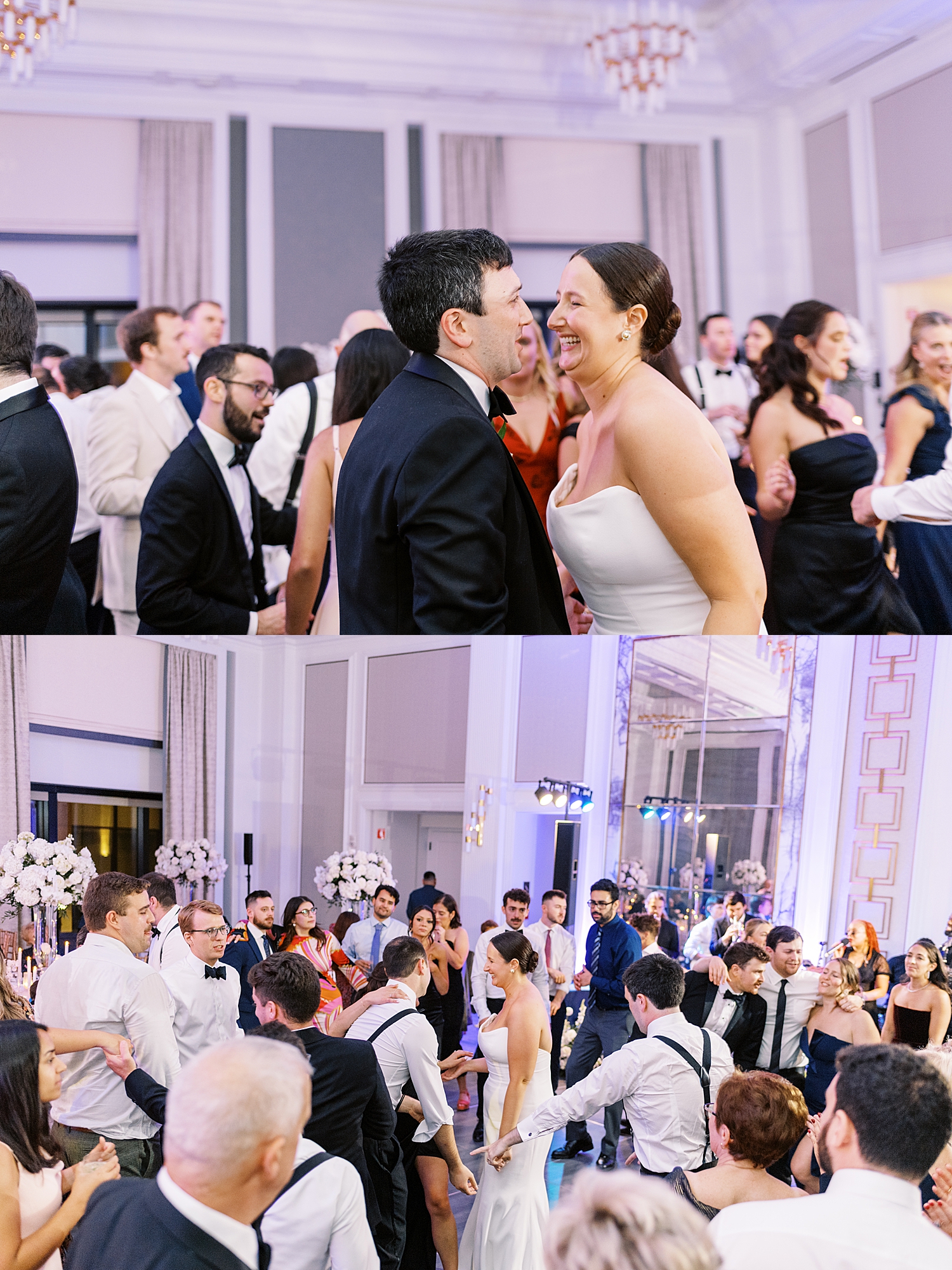 newlyweds dance together under purple lights by Lynne Reznick Photography