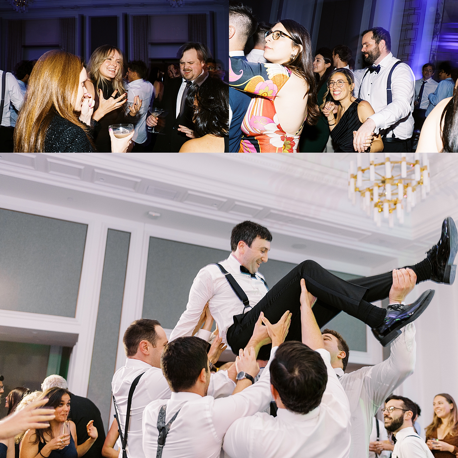 guests lift up groom over dance floor  at reception by Boston Wedding Photographer 