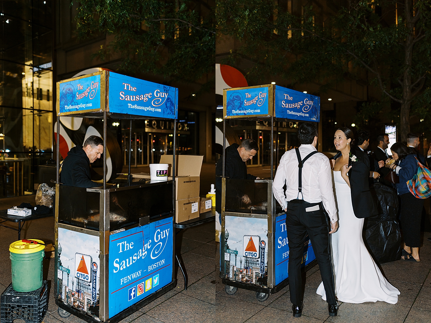 newlyweds get food from a street cart in front of Langham Hotel