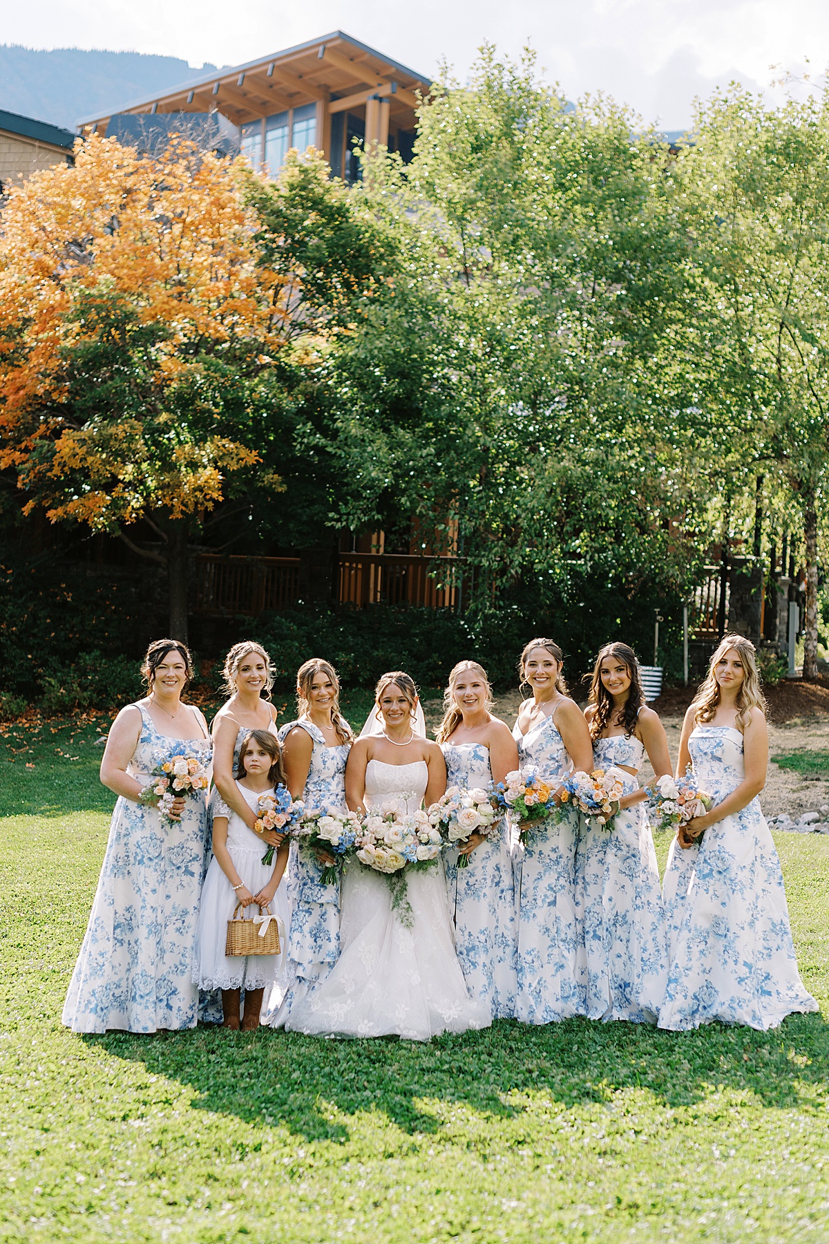 Bridesmaids stand and smile near the bride for Boston Wedding Photographer