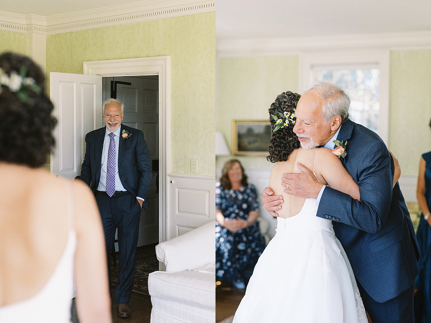 father hugs his daughter during first look by New England Wedding Photographer