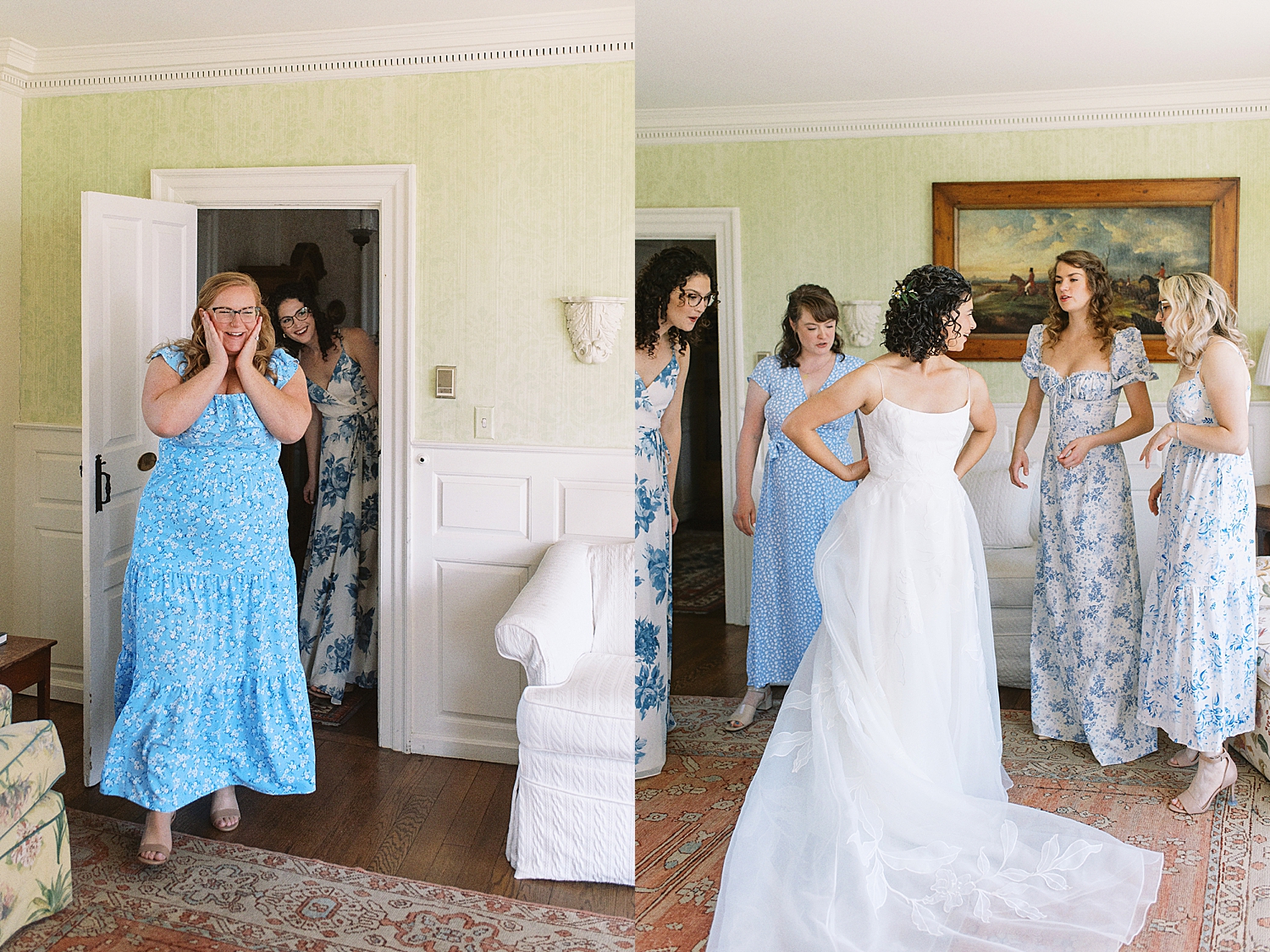 brides does first look with bridesmaids in blue at Mount Hope Farm