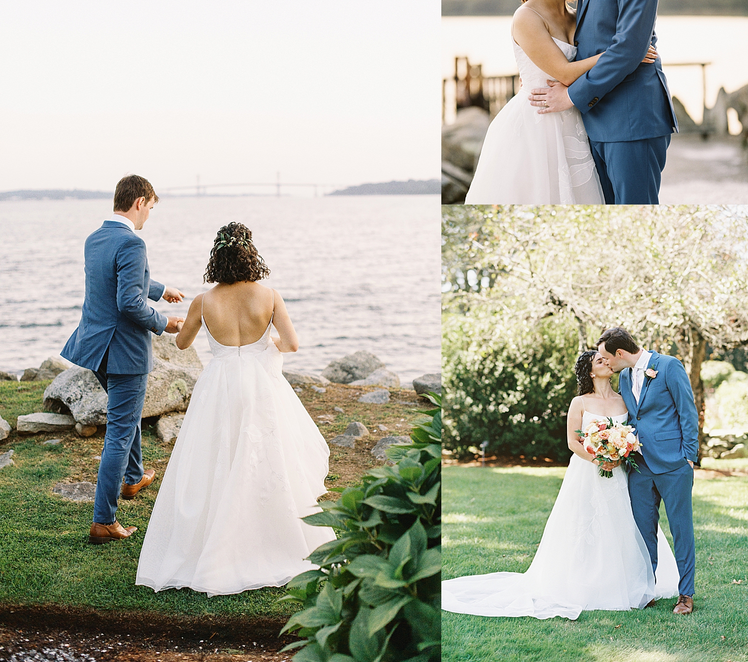 newlyweds walk down to waters edge by Lynne Reznick Photography