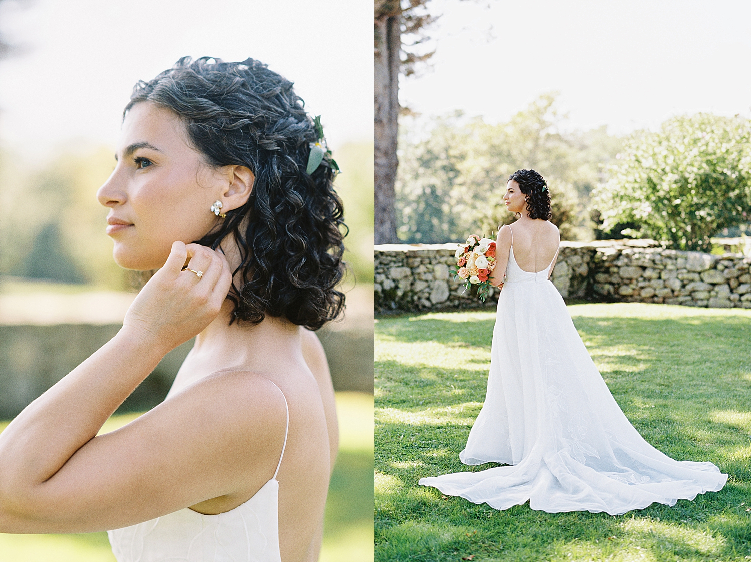 woman in white gown on a lawn by New England Wedding Photographer