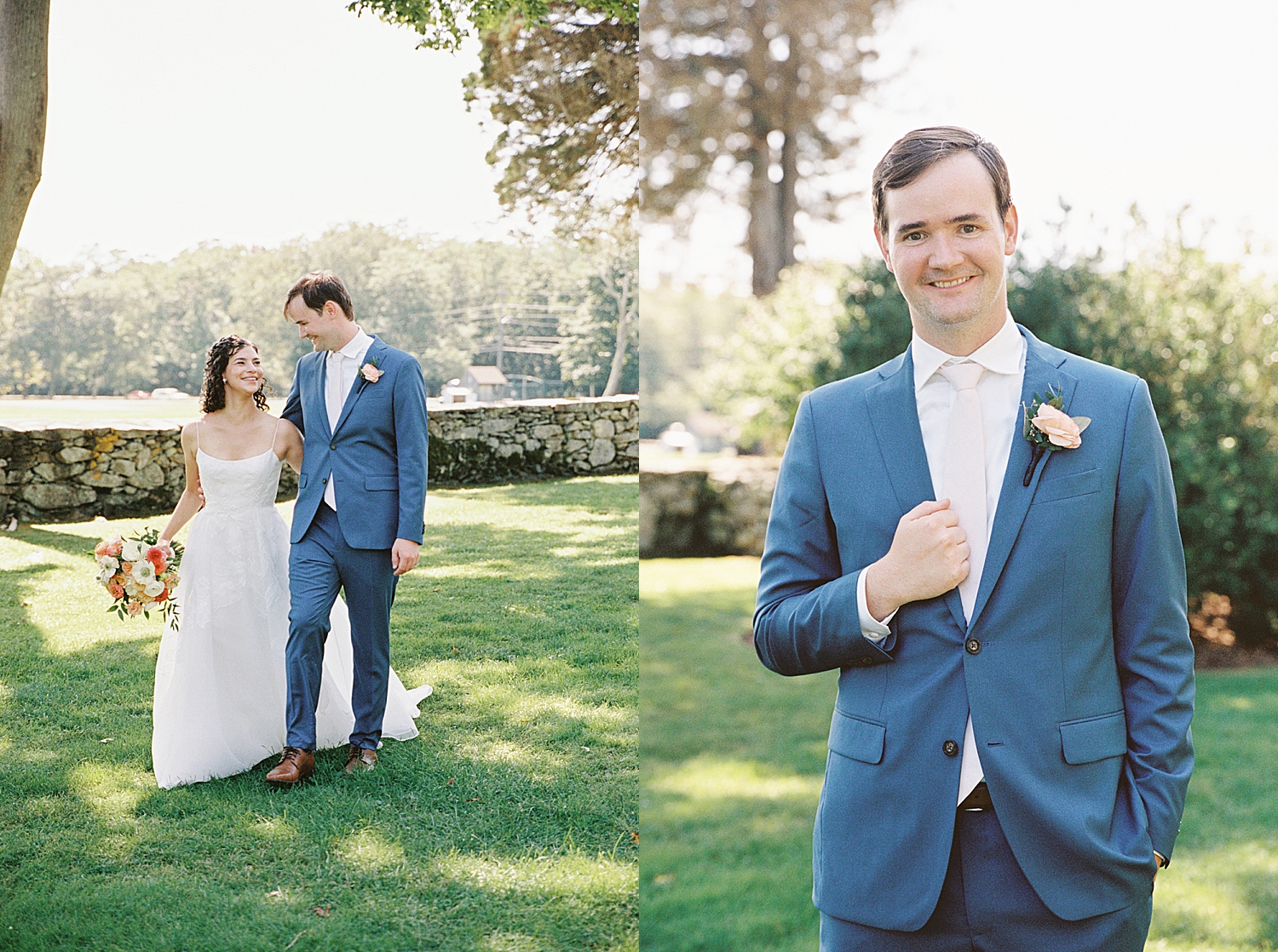 groom in blue suit walks with bride outside by New England Wedding Photographer