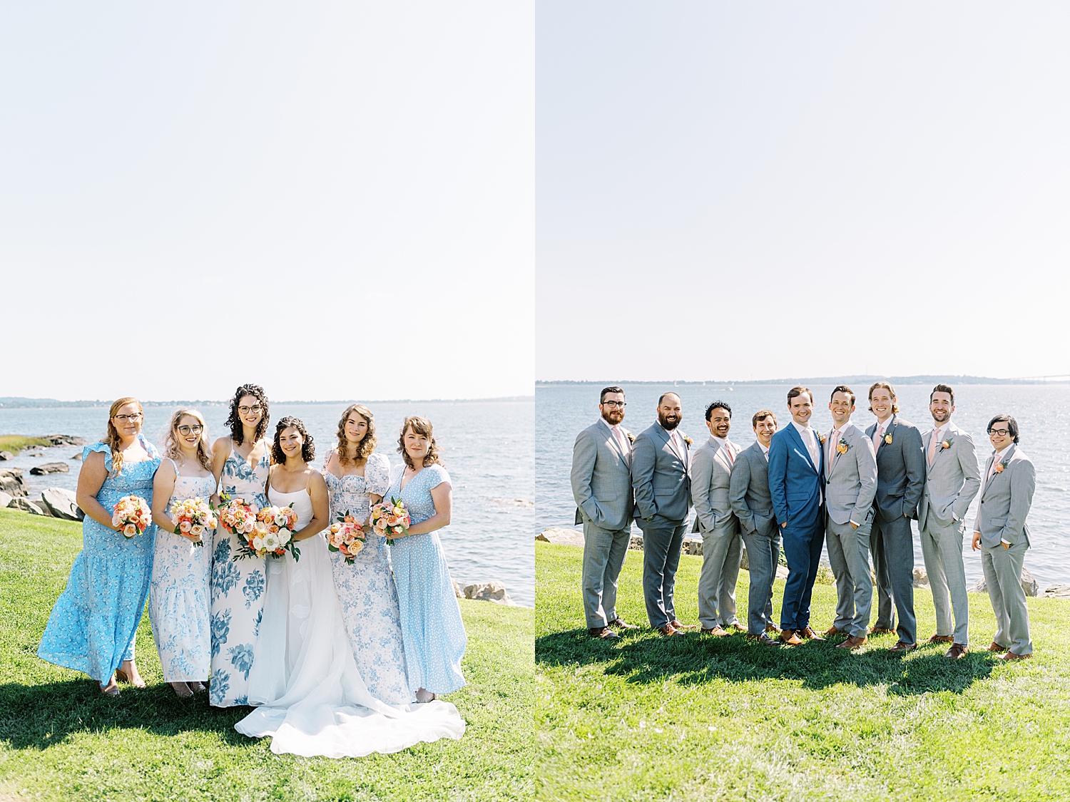 wedding party in blue and gray stand by ocean by Lynne Reznick Photography