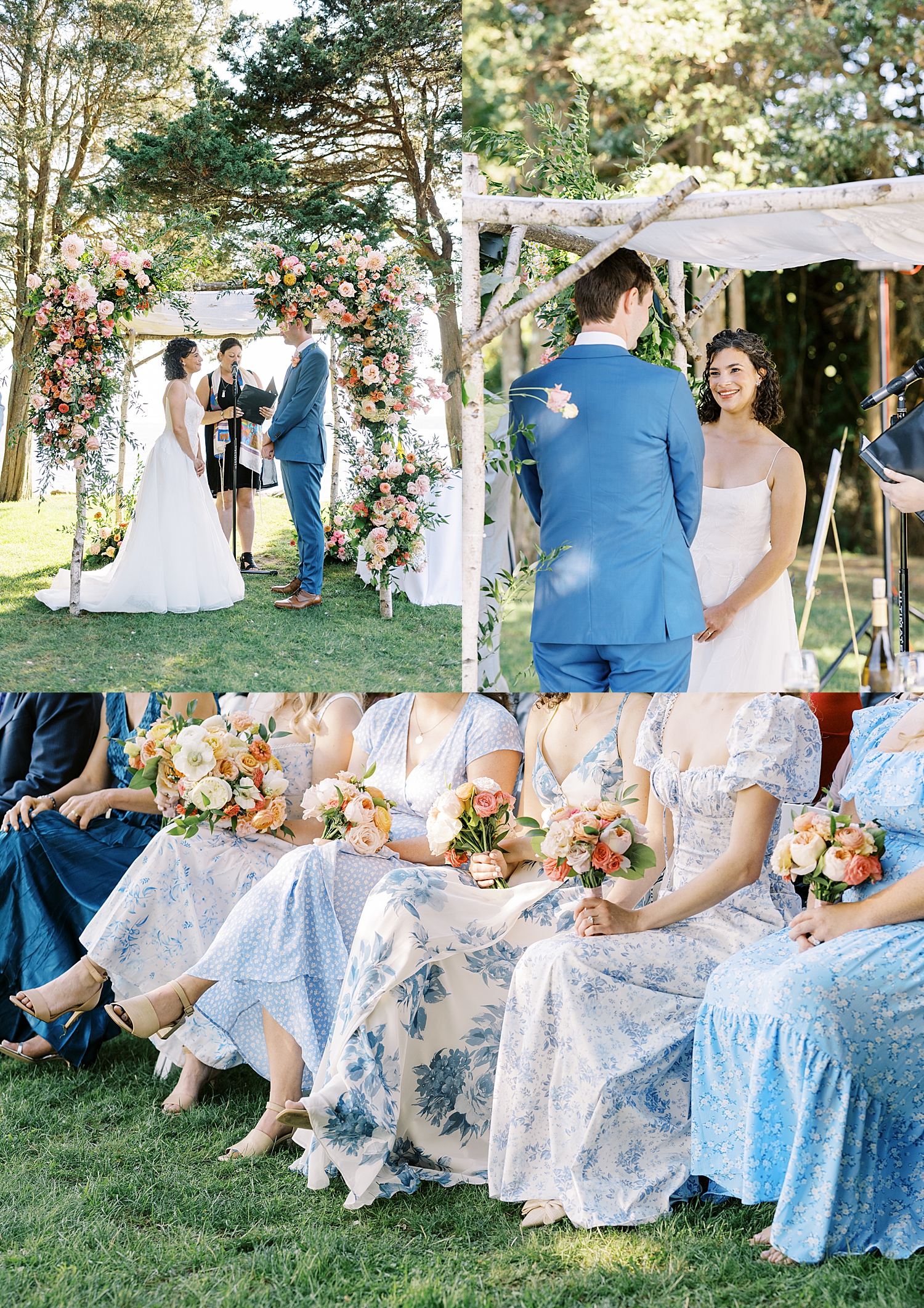 bridesmaids in floral baby blue dresses sit in a row by New England Wedding Photographer