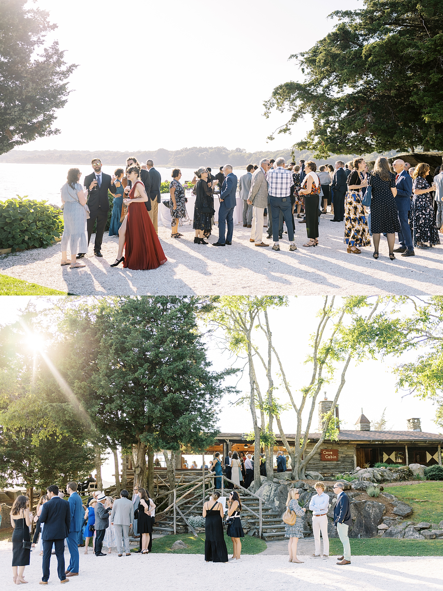 guests mingle on lawn during golden hour by New England Wedding Photographer