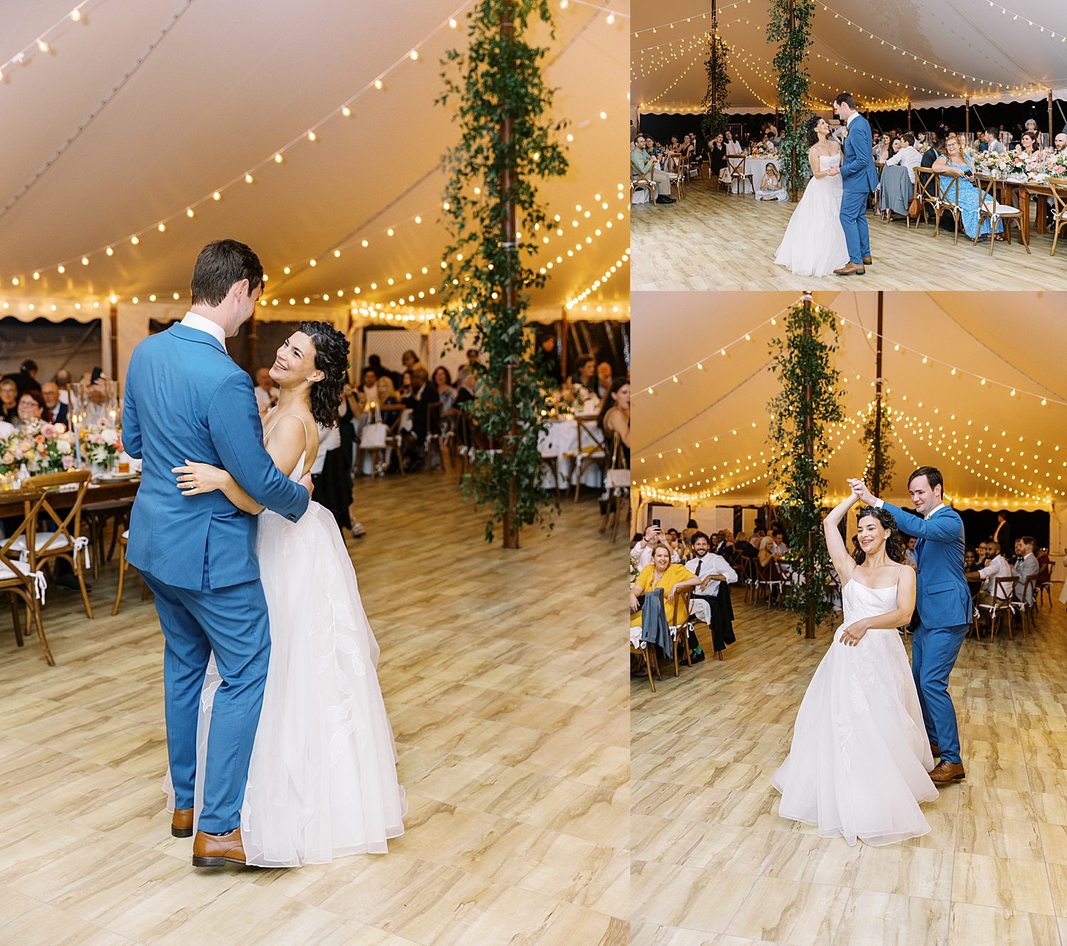 couple share a first dance at reception under tent at Mount Hope Farm