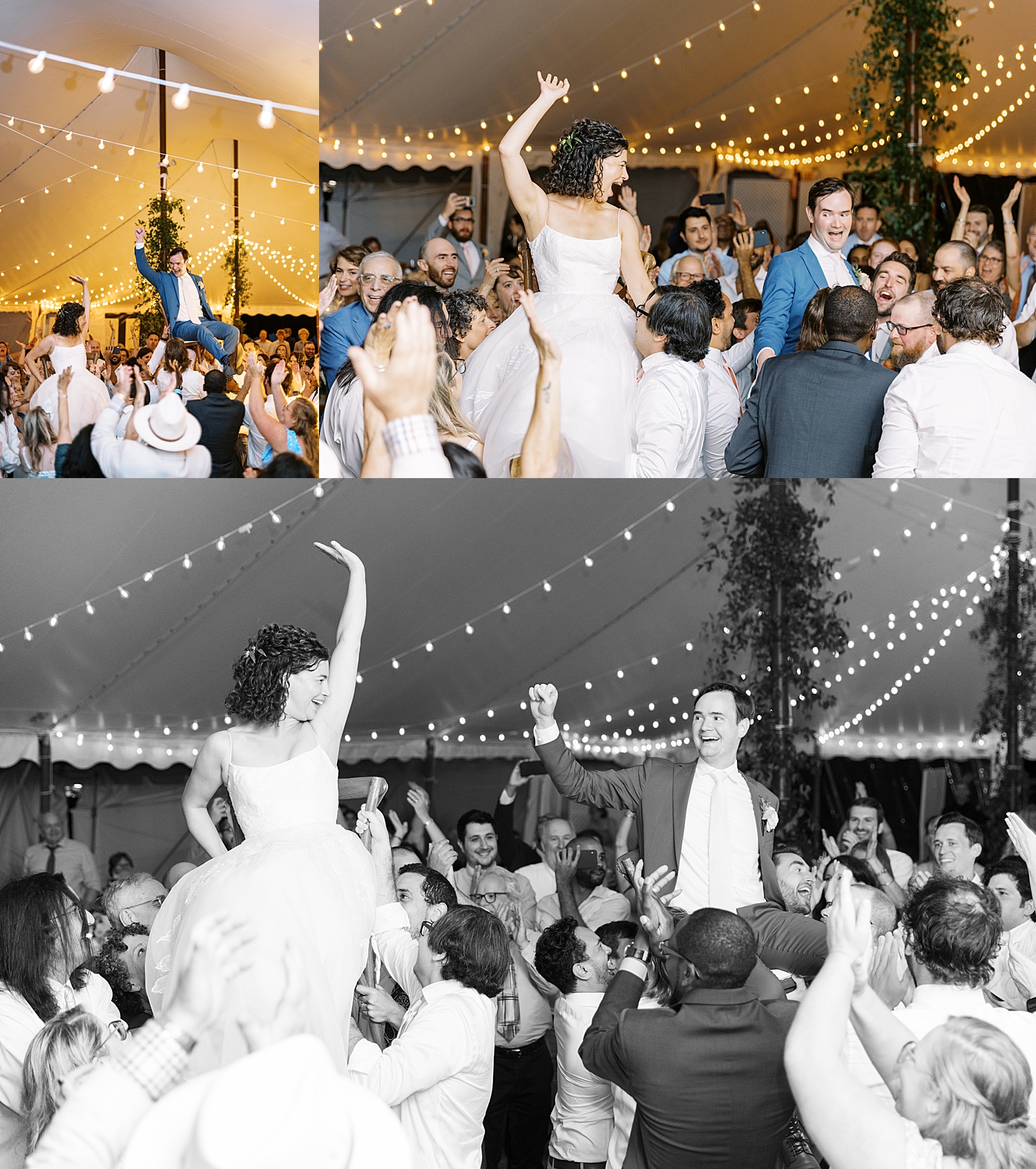 husband and wife get lifted in chairs by guests by New England Wedding Photographer