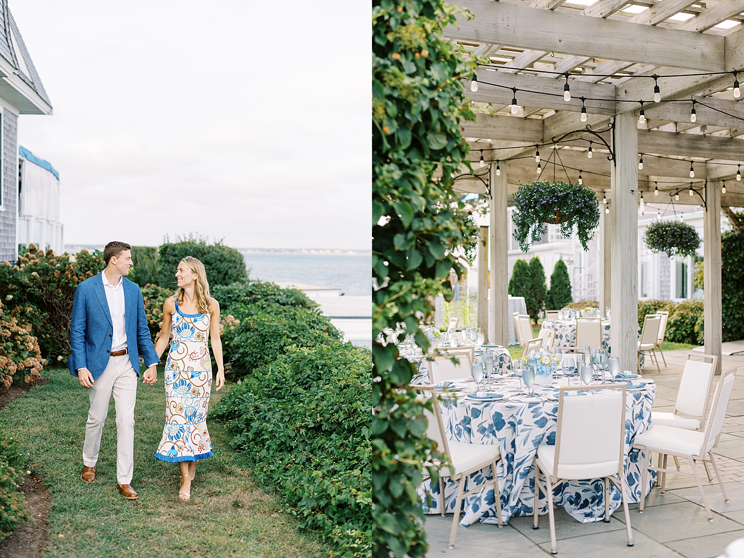 bride and groom to be walk into rehearsal dinner by Lynne Reznick Photography