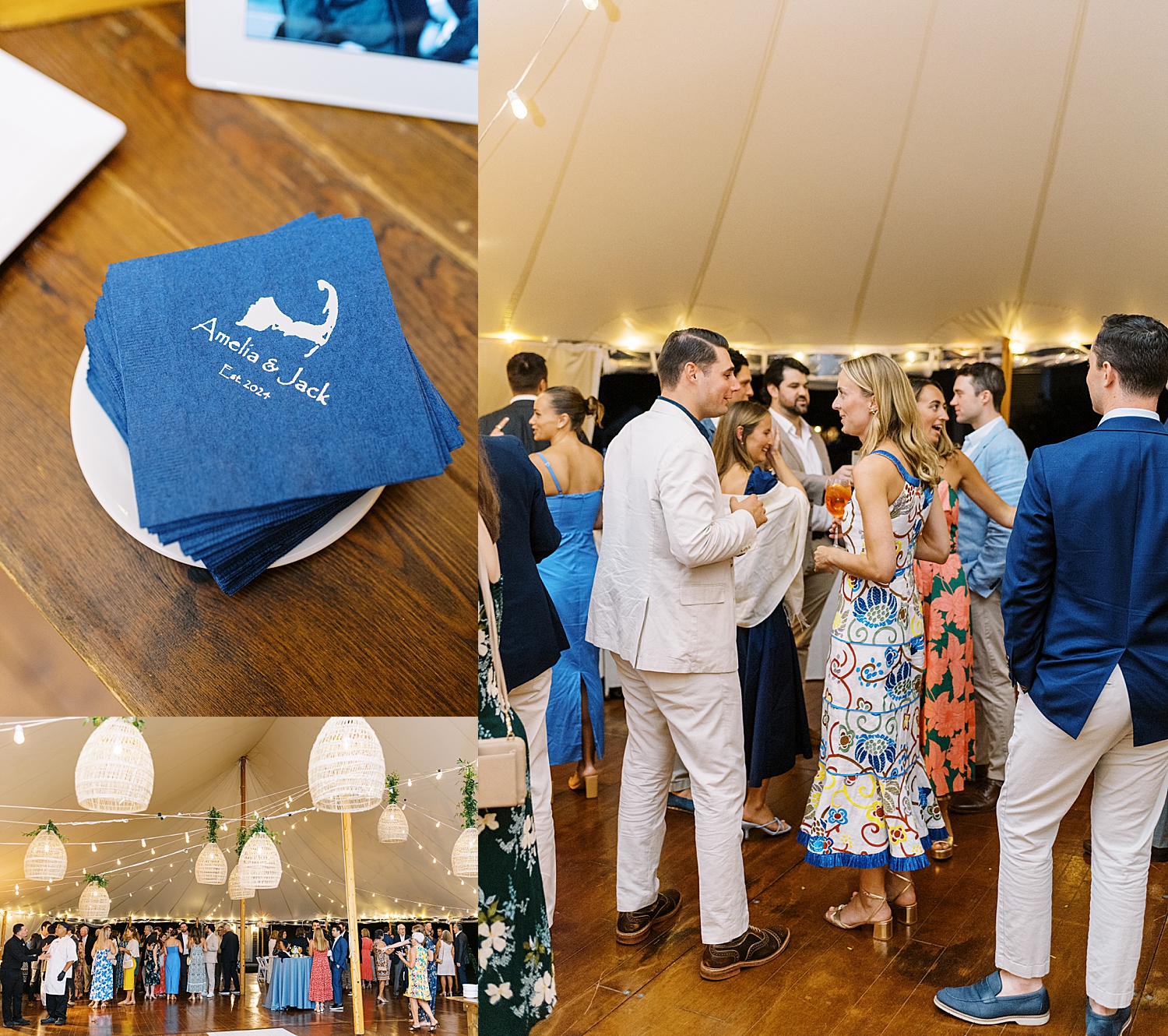 people mingle under a tent for rehearsal dinner by Lynne reznick photography