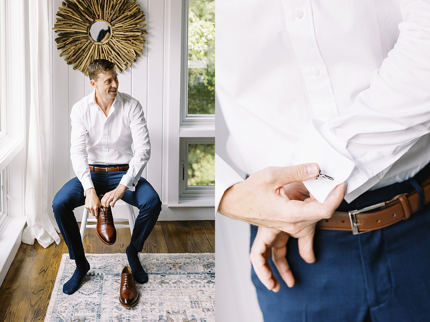 groom gets on shoes and cuff links at Oyster Harbors Club