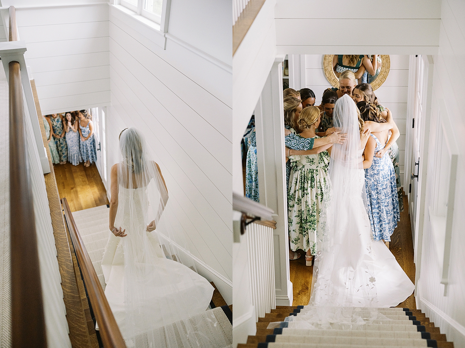 bride walks down stairs to tearful embrace with bridesmaids at Oyster Harbors Club