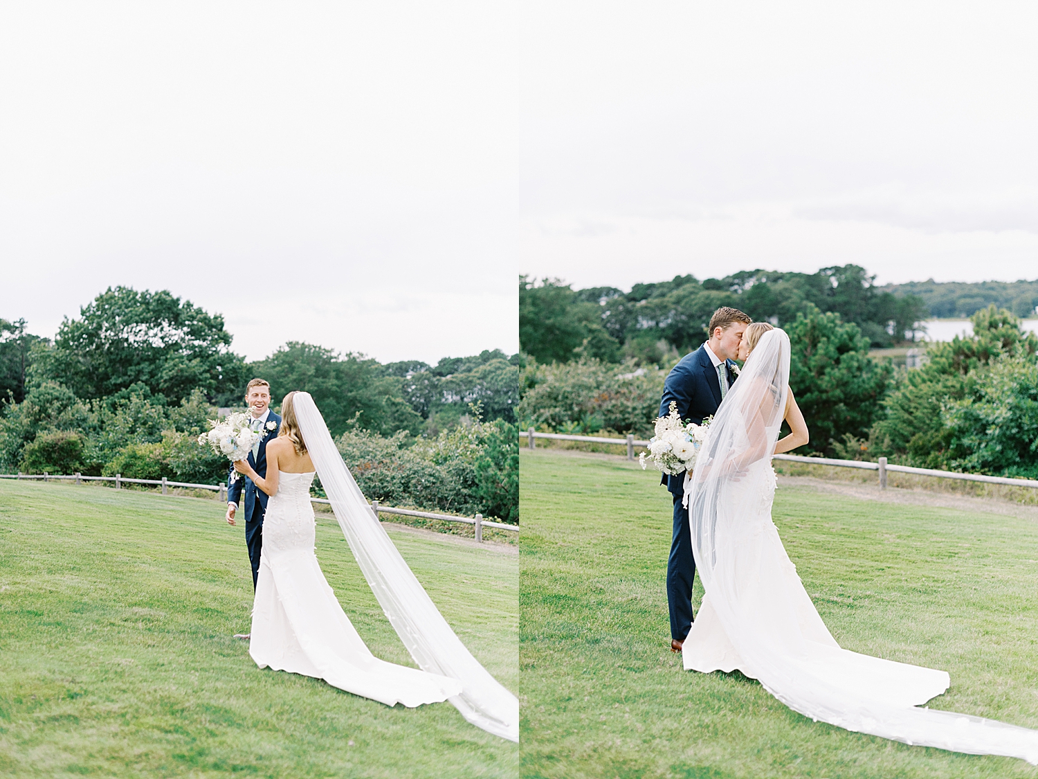 man is joyfully surprised by bride on lawn by Lynne Reznick Photography