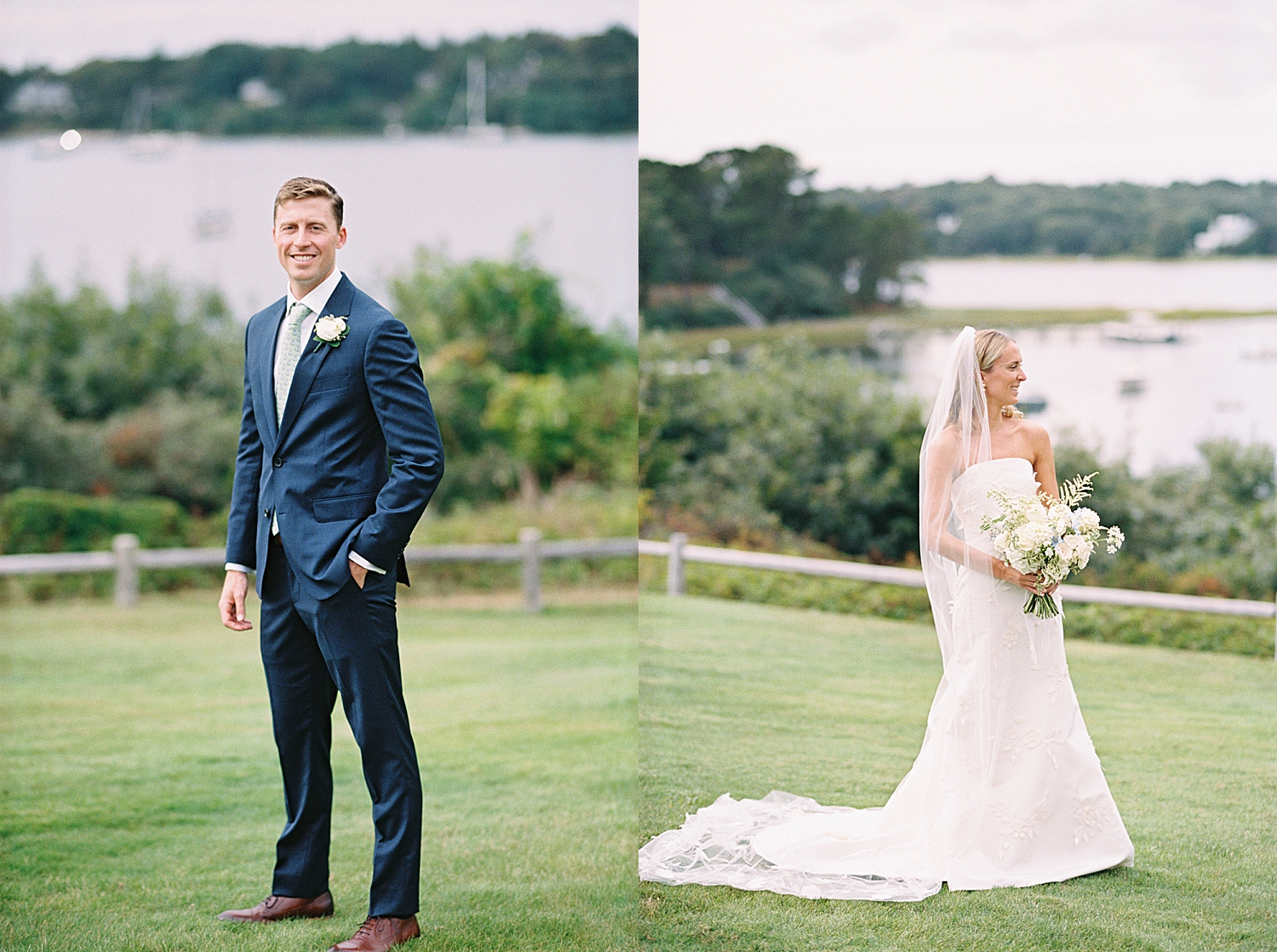 man and woman show off wedding attire in front of water by Lynne Reznick Photography
