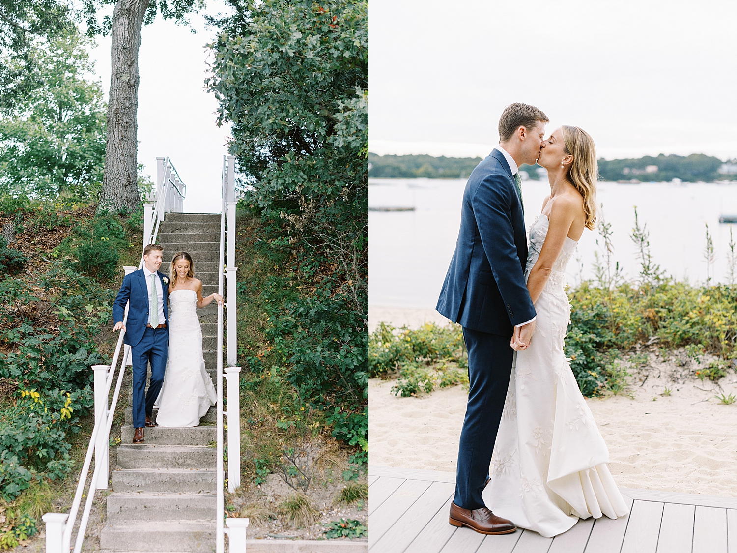 couple share a sweet kiss on the beach shores of the water by Cape Cod wedding photographer