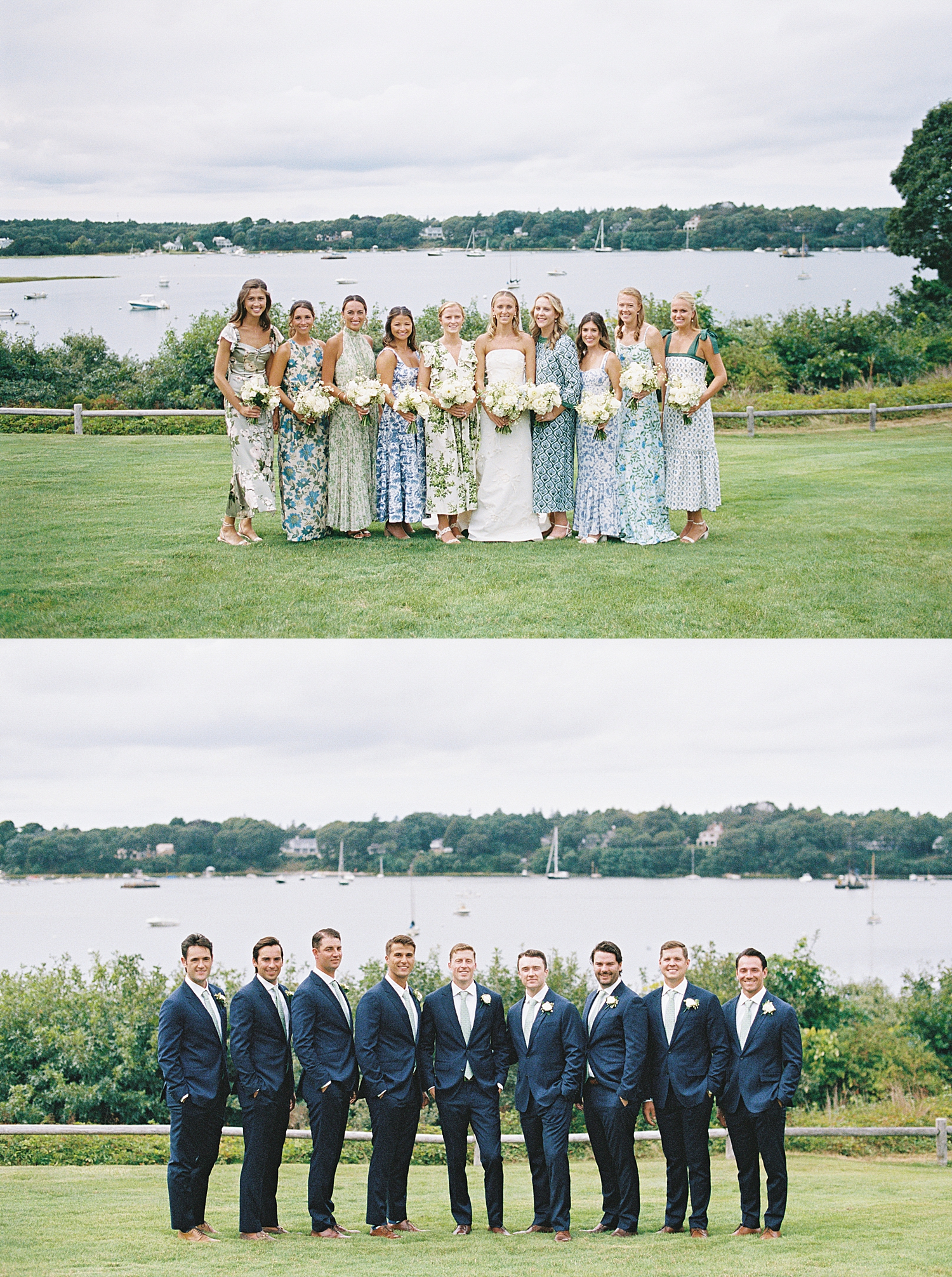 bridal party in mismatched florals on lawn of Oyster Harbors Club