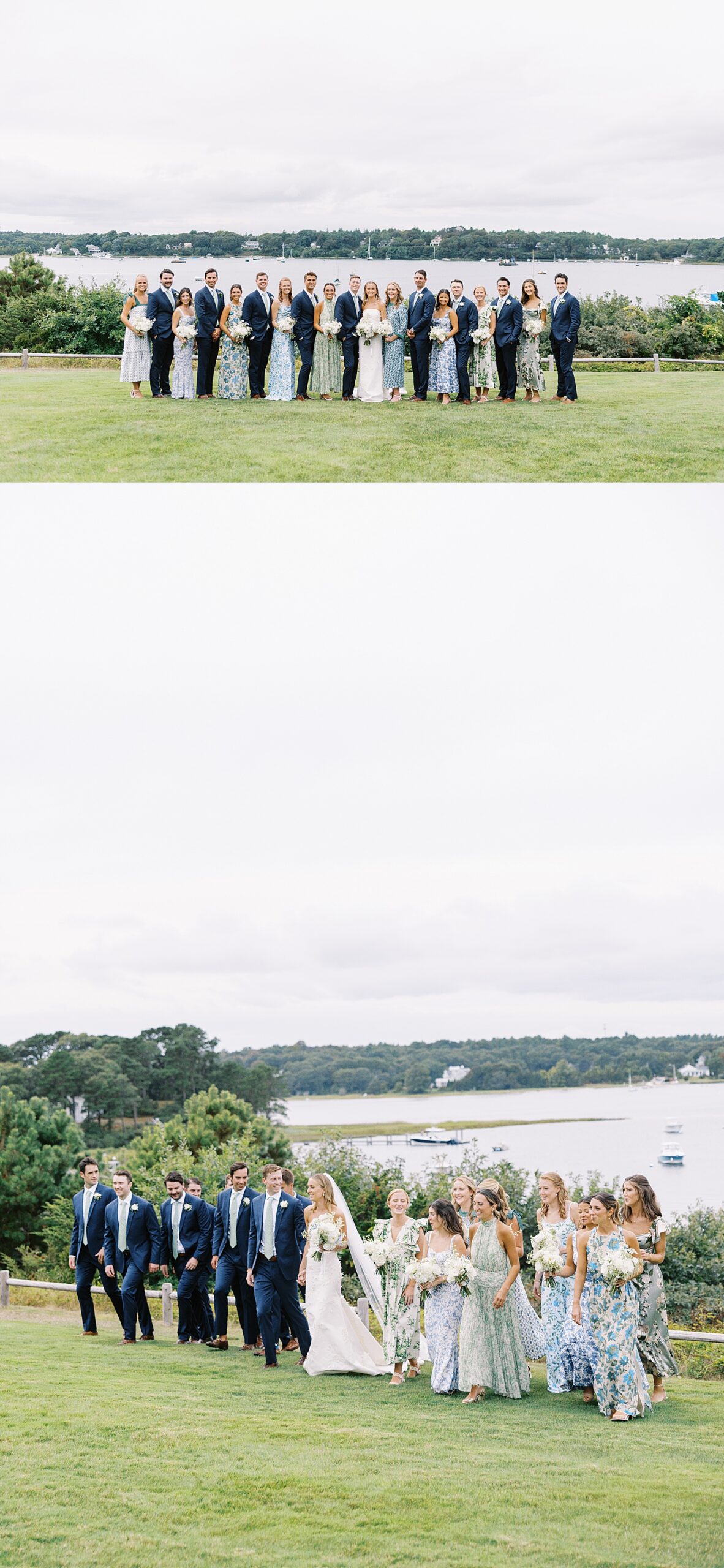large wedding party walks up the grass all together at Oyster Harbors Club