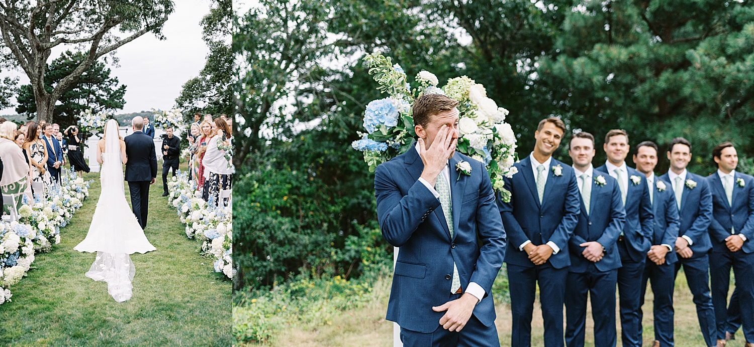 Groom wipes away tears as bride walks down aisle by Lynne Reznick Photography