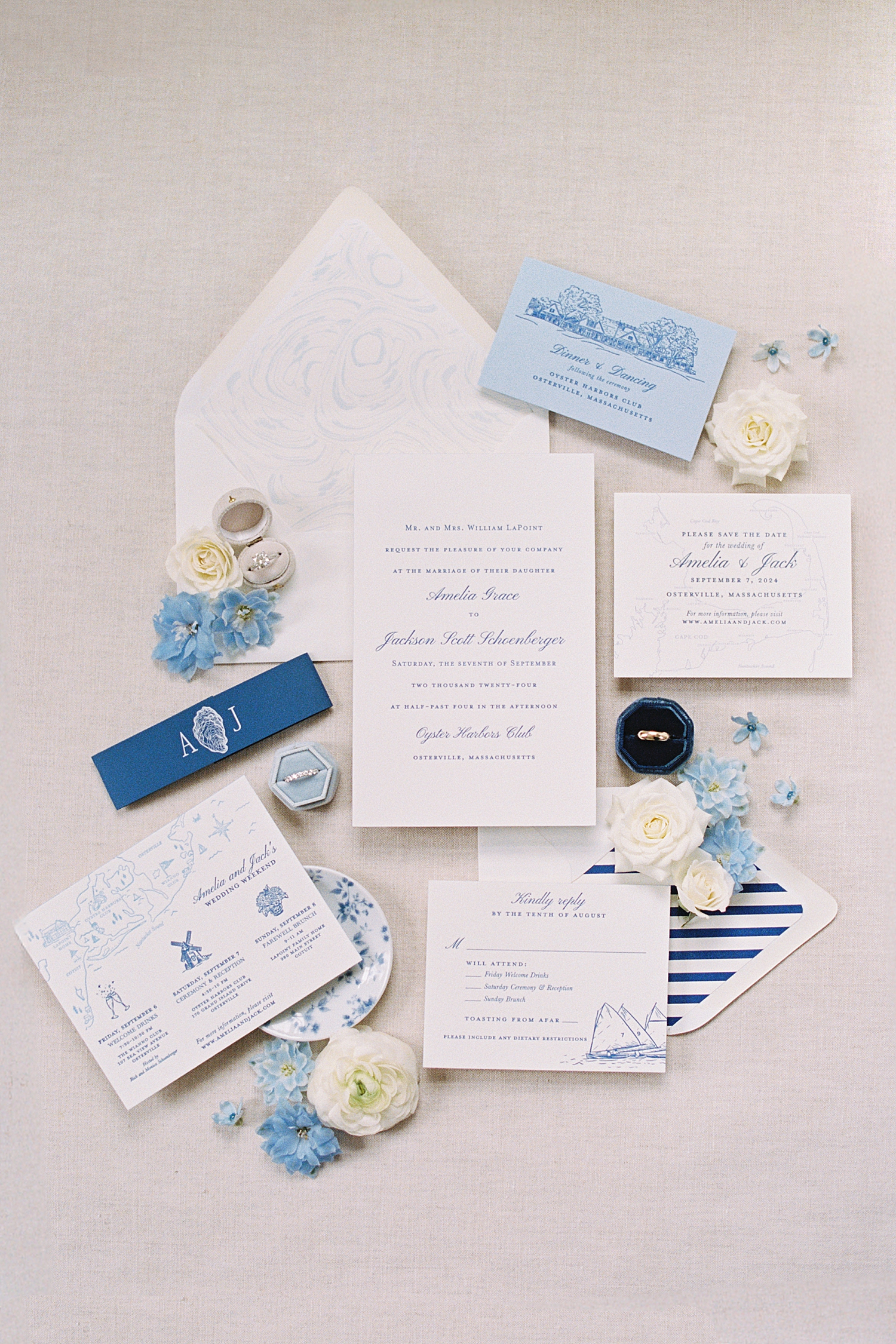 invitation suite laid out on fabric by Cape Cod wedding photography