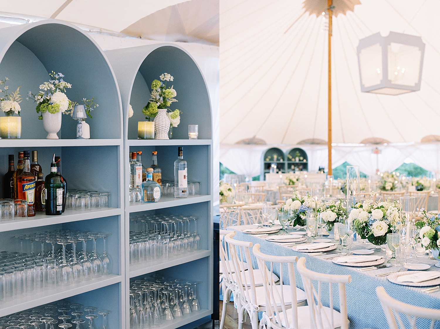 blue bookshelves host bar at big reception by Cape Cod wedding photographer