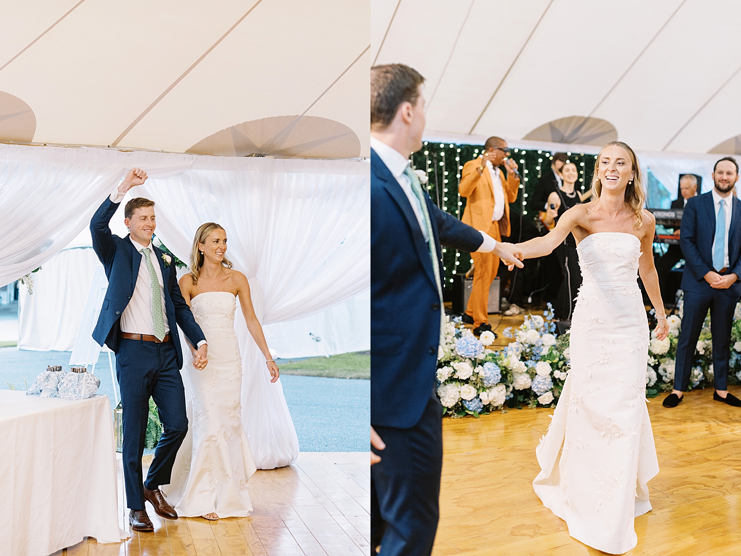 newlyweds enter tented reception to dance floor by Lynne Reznick Photography