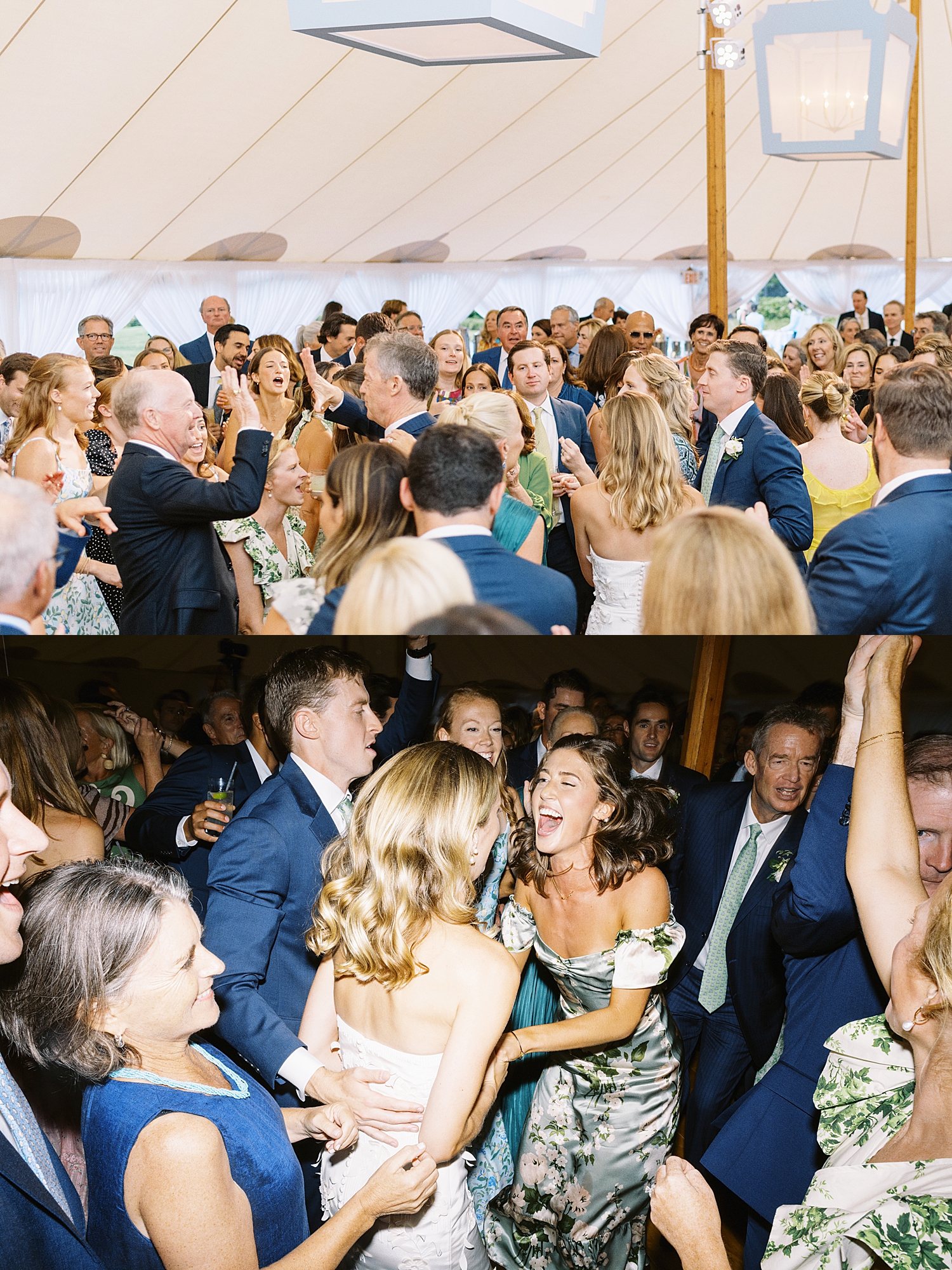 guests jump and dance to band with couple by Cape Cod wedding photographer