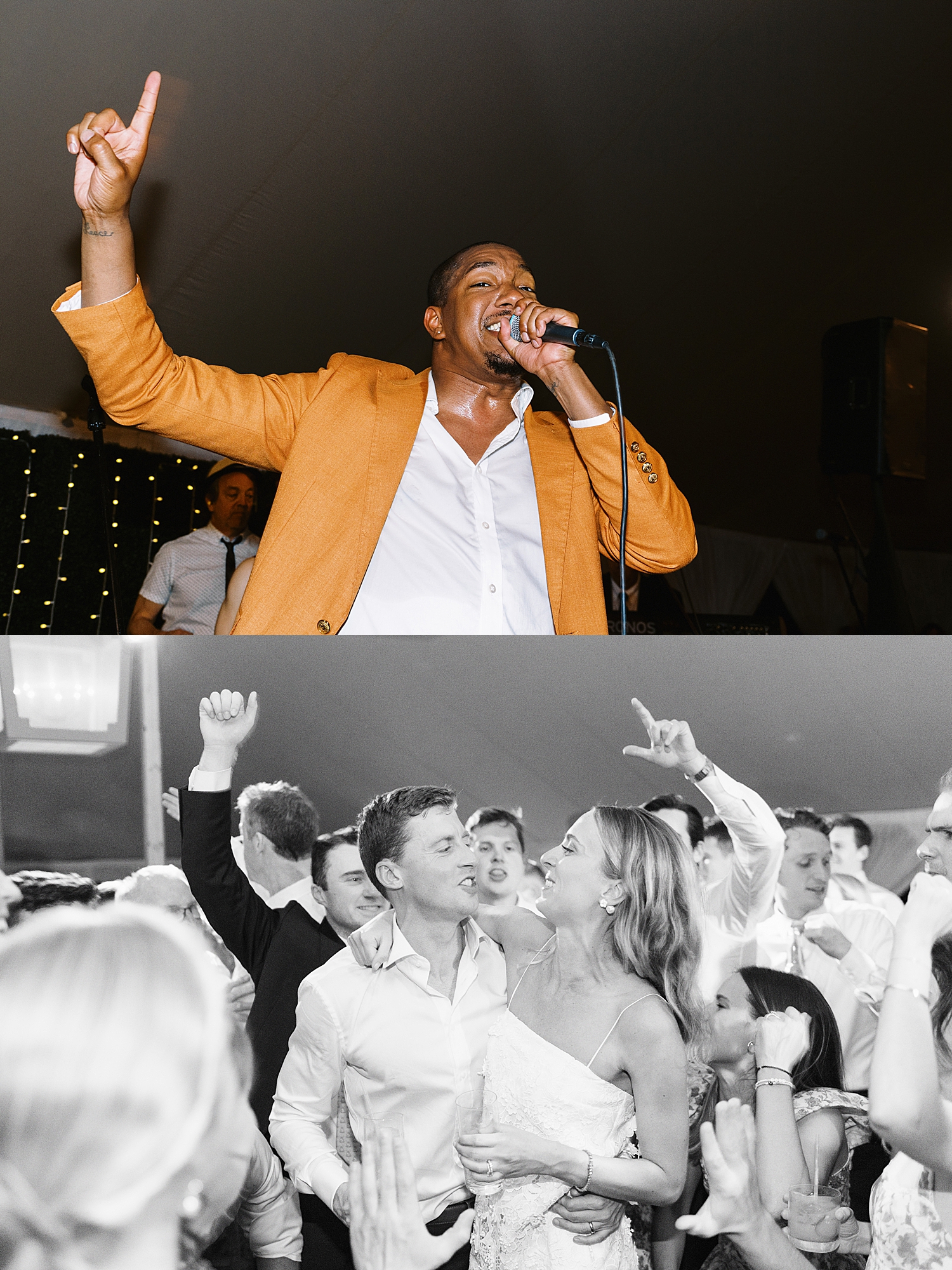 Band sings while newlyweds dance with guests at Oyster Harbors Club