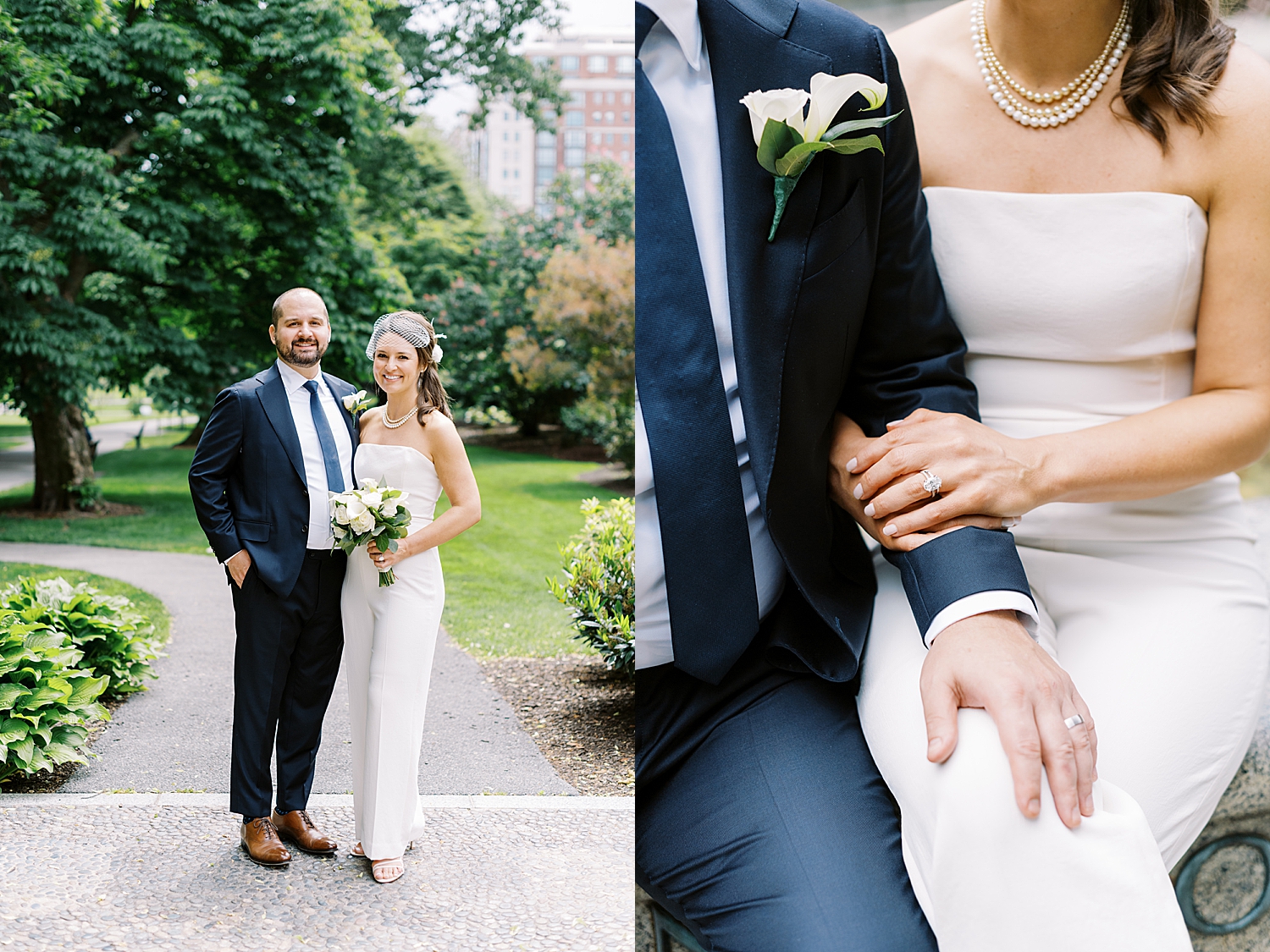 Newlyweds embrace together on the walkway of Boston Public Garden