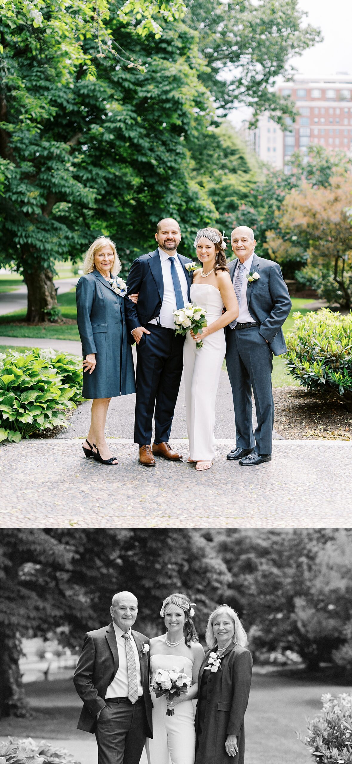 bride stands with new in-laws under trees by New England Wedding Photographer