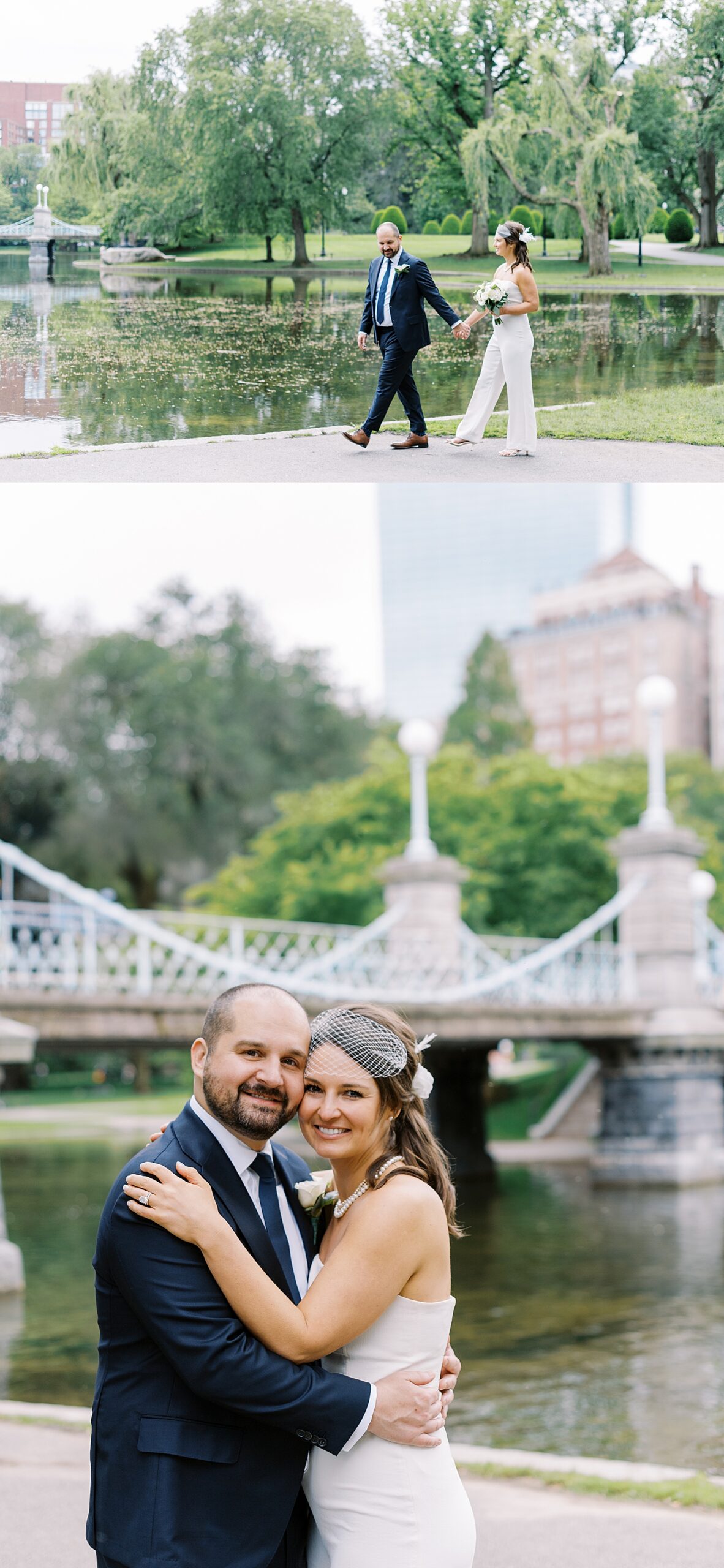newlyweds walk next to pond at park by Lynne Reznick Photography