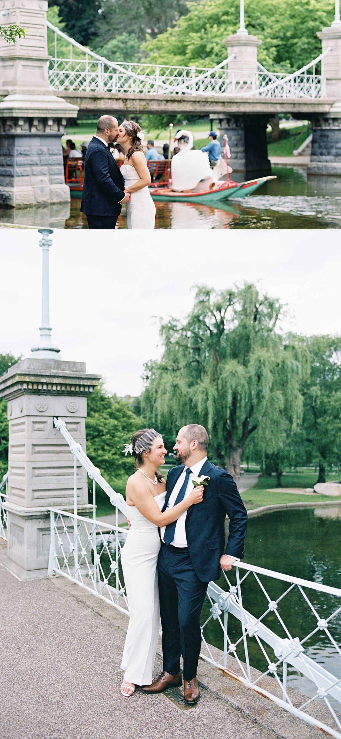 newlyweds kiss in front of duck boats at Boston Public Garden