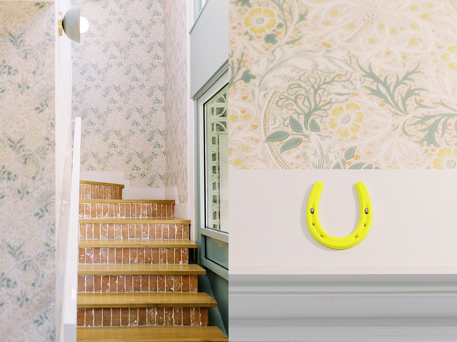 neon yellow horseshoe on wall for good luck by Austin wedding photographer
